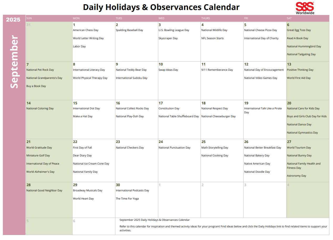 September Daily Holidays &amp;amp; Observances Printable Calendar - S&amp;amp;S Blog with September 2025 National Days