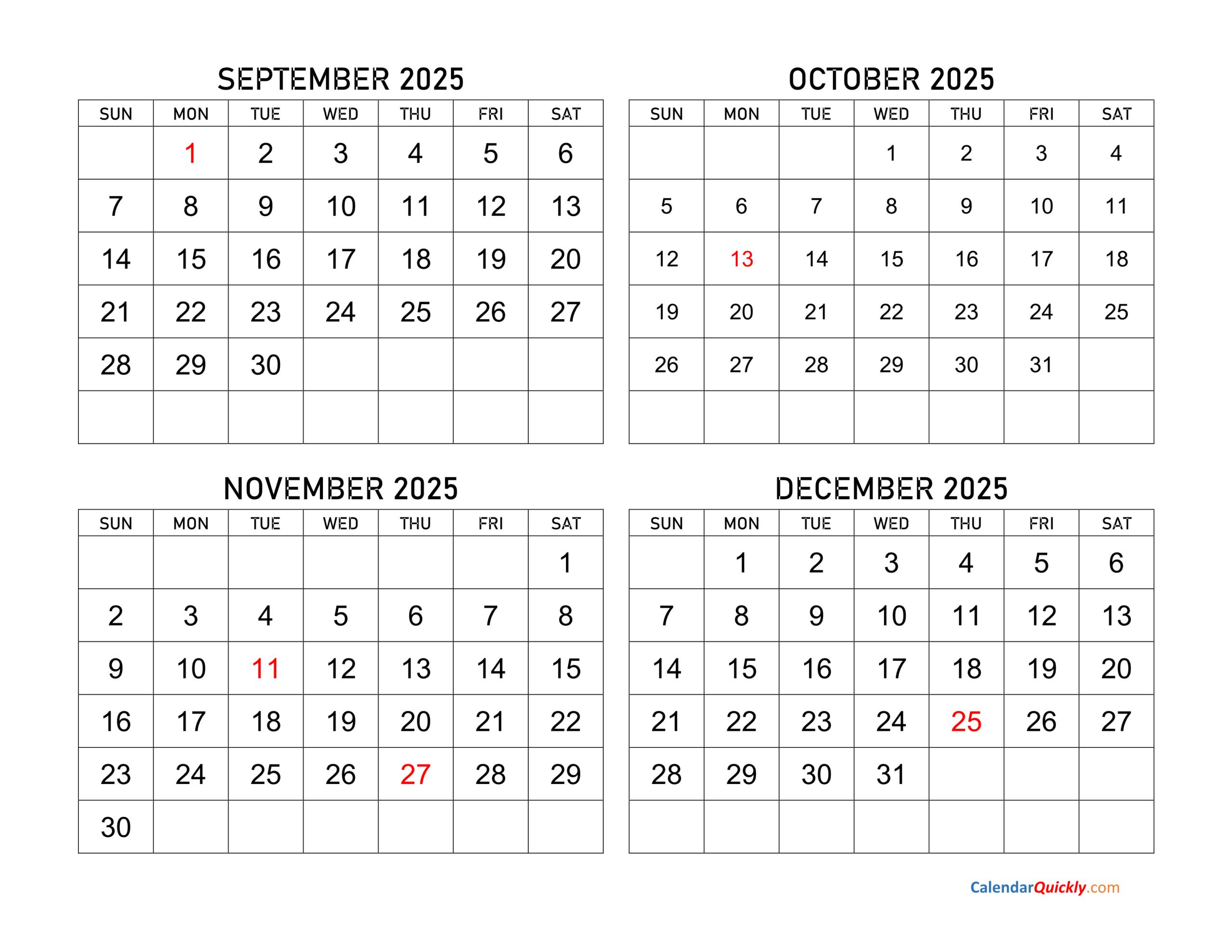 September To December 2025 Calendar | Calendar Quickly within September - December 2025 Calendar