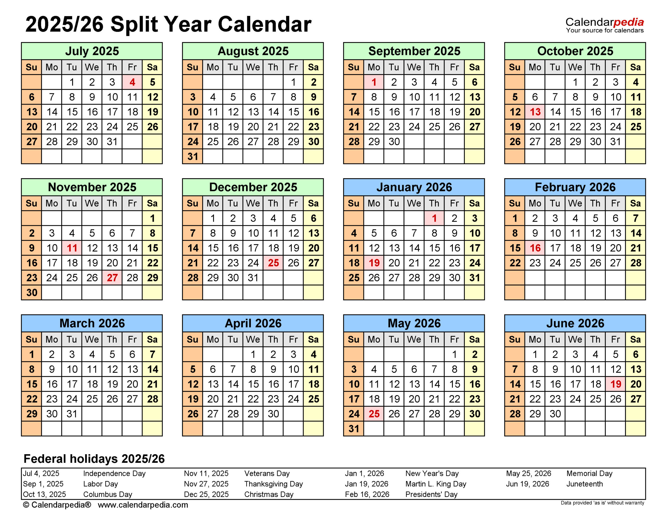 Split Year Calendars 2025/2026 (July To June) - Excel Templates pertaining to Year Calendar September 2025-July 2026
