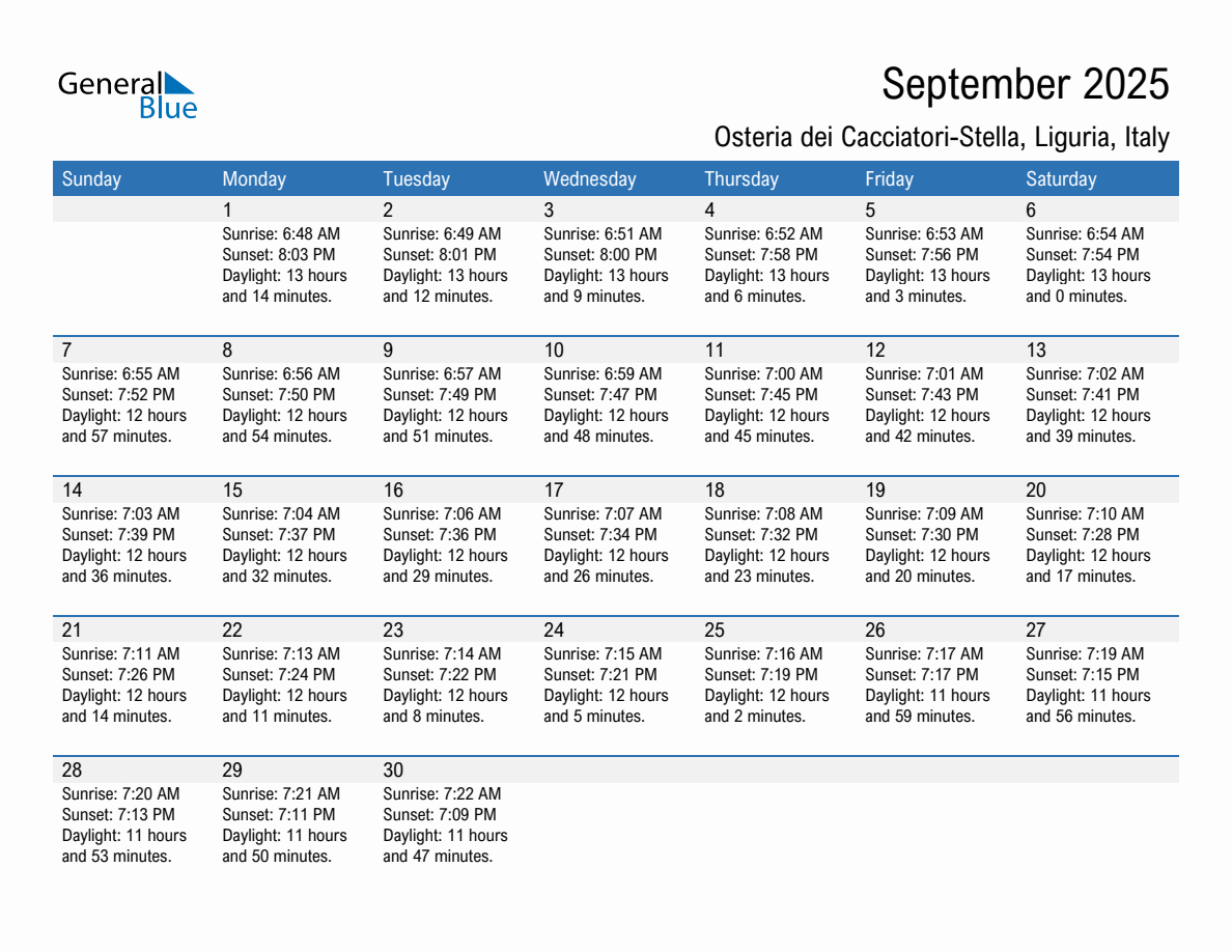 Sunrise And Sunset Times In Osteria Dei Cacciatori-Stella, Liguria with September 2025 Calendar Dei