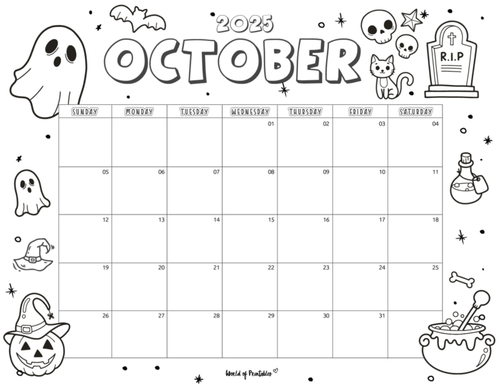 October Calendar 2025 Coloring Page