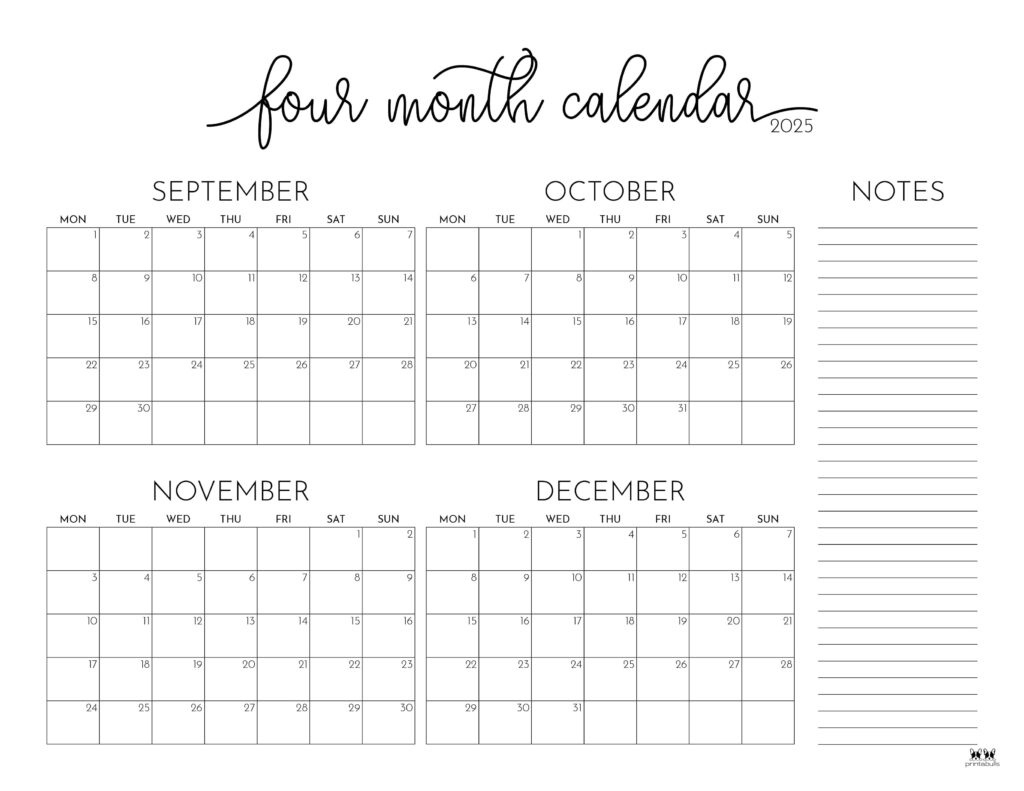 2025 Four Month Calendars - 31 Free Printables | Printabulls regarding Calendar September October November 2025