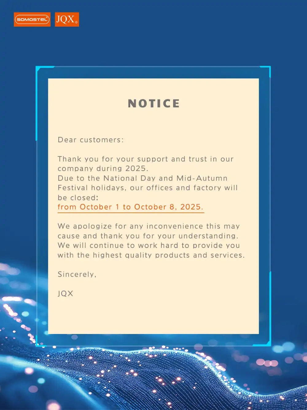 2025 Mid-Autumn Festival National Day Holiday Notice | Somostel® throughout 1 October National Day 2025