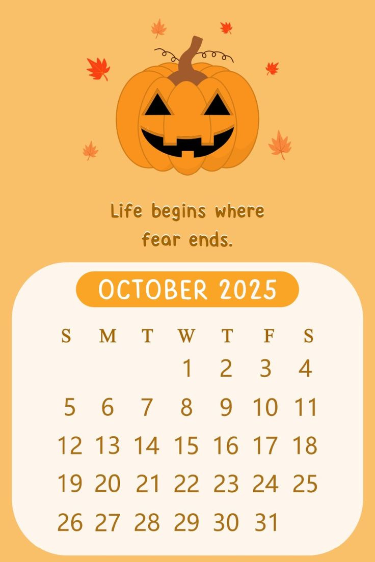 2025 October Monthly Cute Kawaii Halloween Pumpkin Motivational within October Calendar Wallpaper 2025