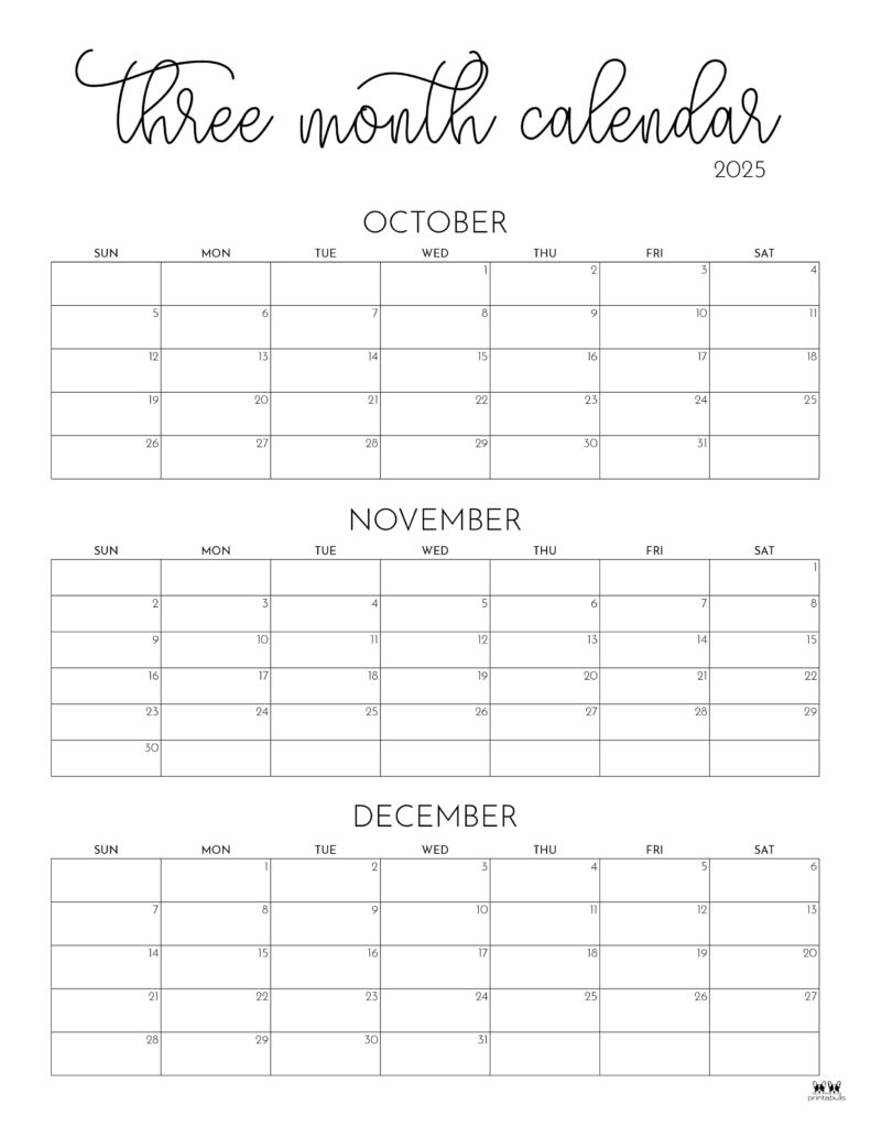 2025 Three Month/Quarterly Calendars - 36 Free Cals | Printabulls in 3 Month Calendar September October November 2025