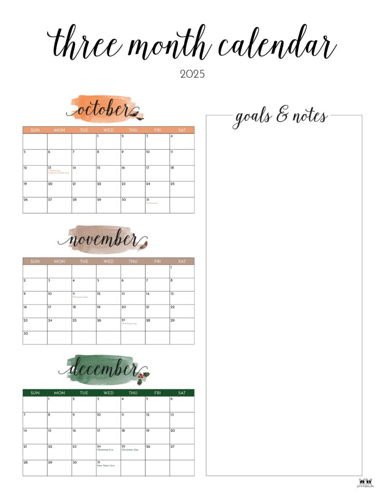 2025 Three Month/Quarterly Calendars - 36 Free Cals | Printabulls throughout Printable 3 Month Calendar October November December 2025