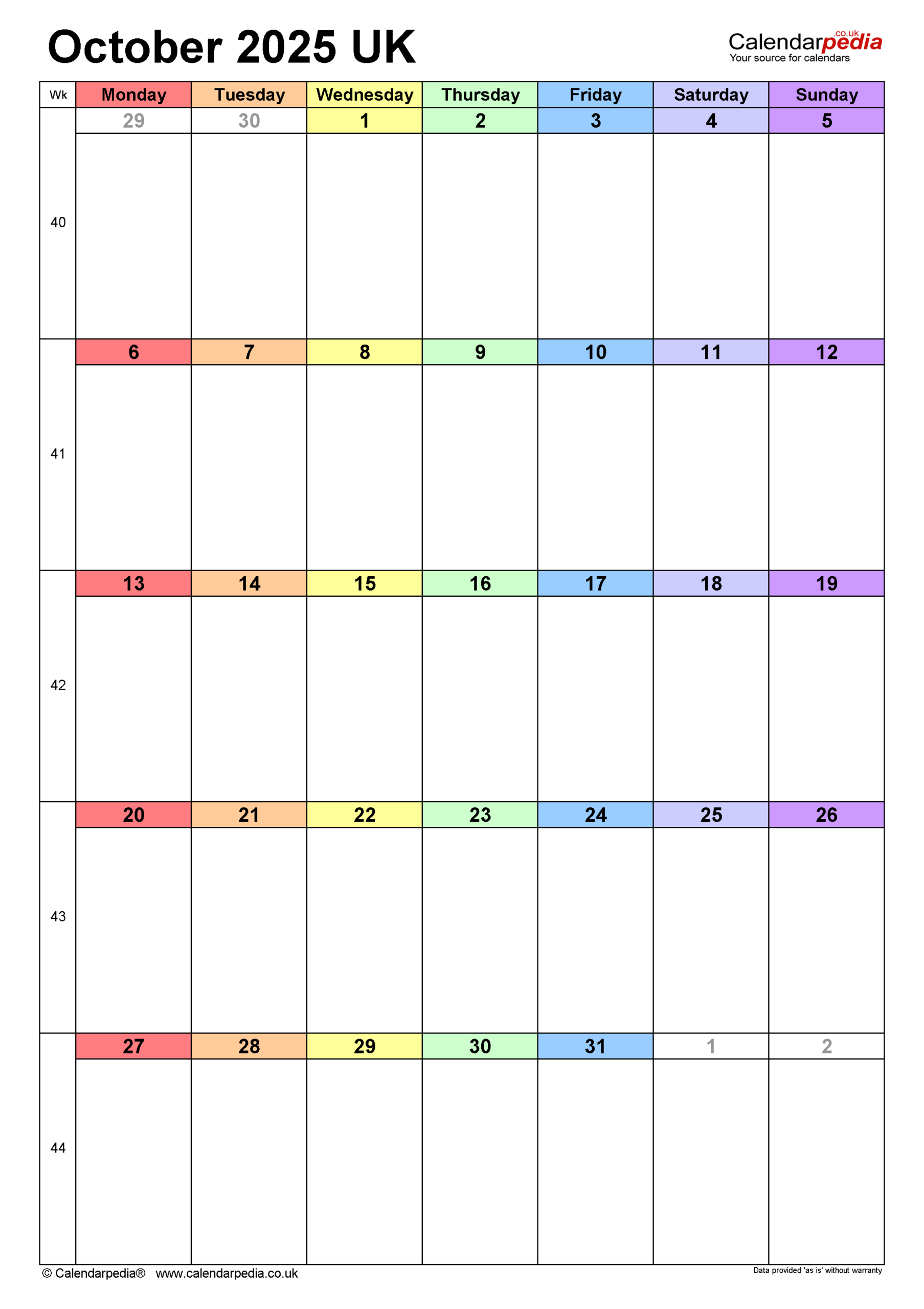 Calendar October 2025 Uk With Pdf, Excel And Word Templates in October Calendar 2025 Printable Word