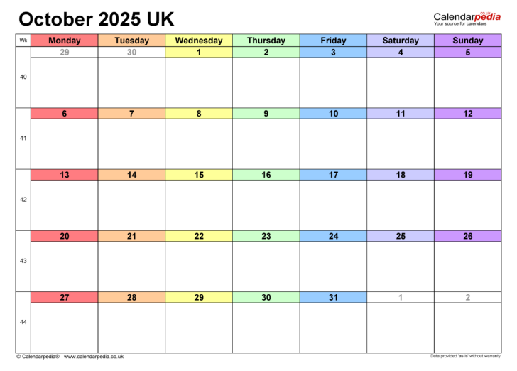 October 2025 Calendar Printable Word