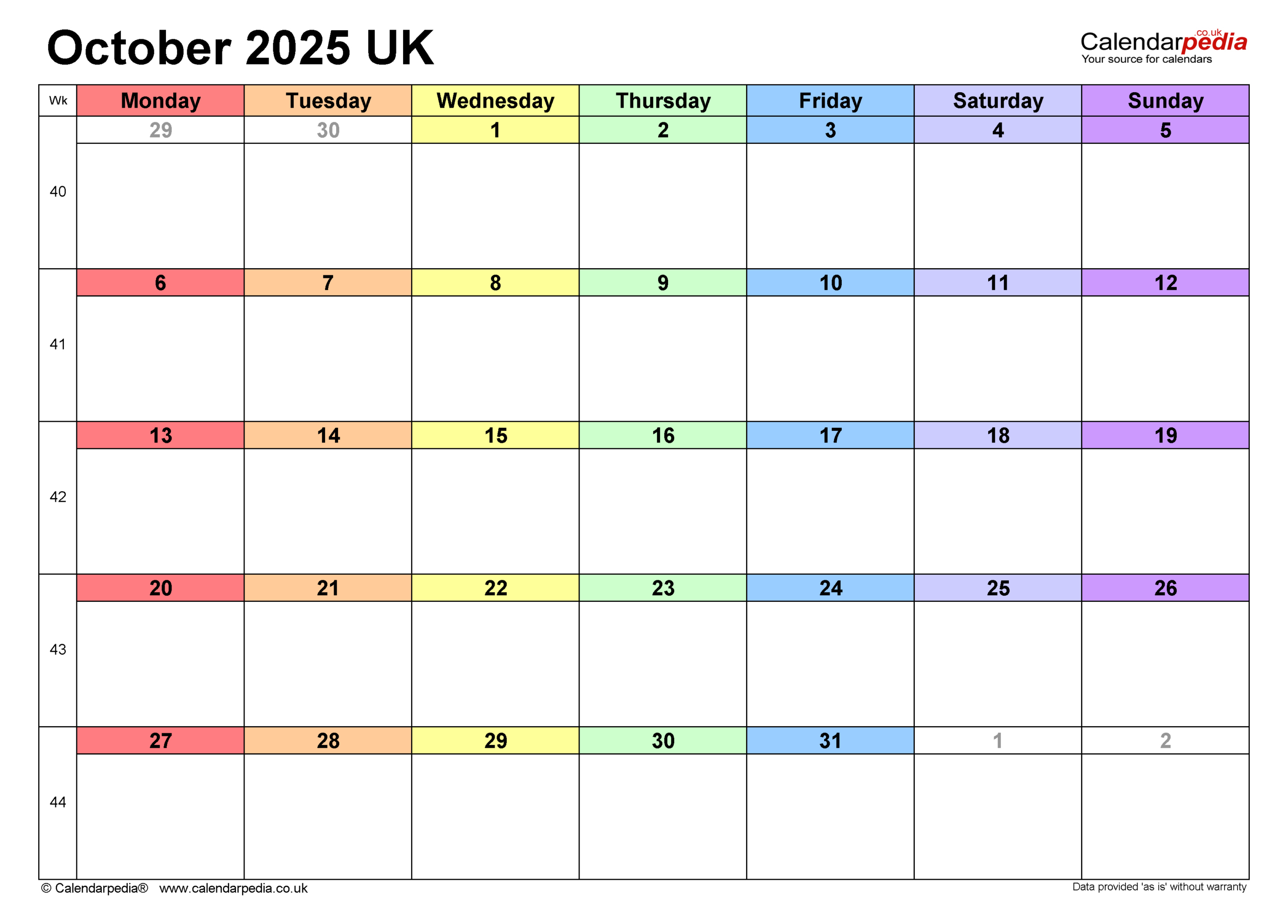 Calendar October 2025 Uk With Pdf, Excel And Word Templates throughout October 2025 Calendar Printable Word