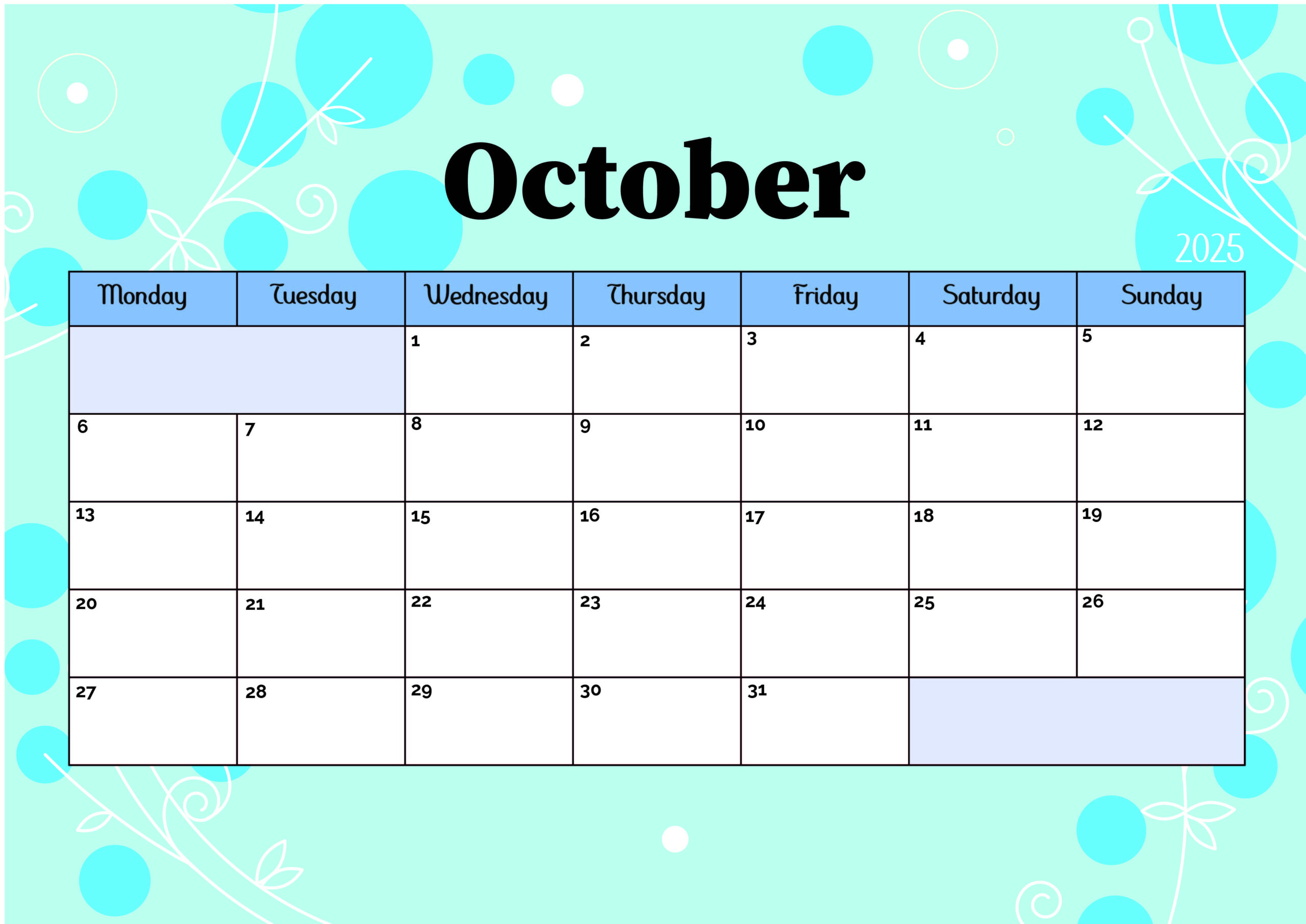 ▷ Model 5 October 2025 with Open Calendar For October 2025
