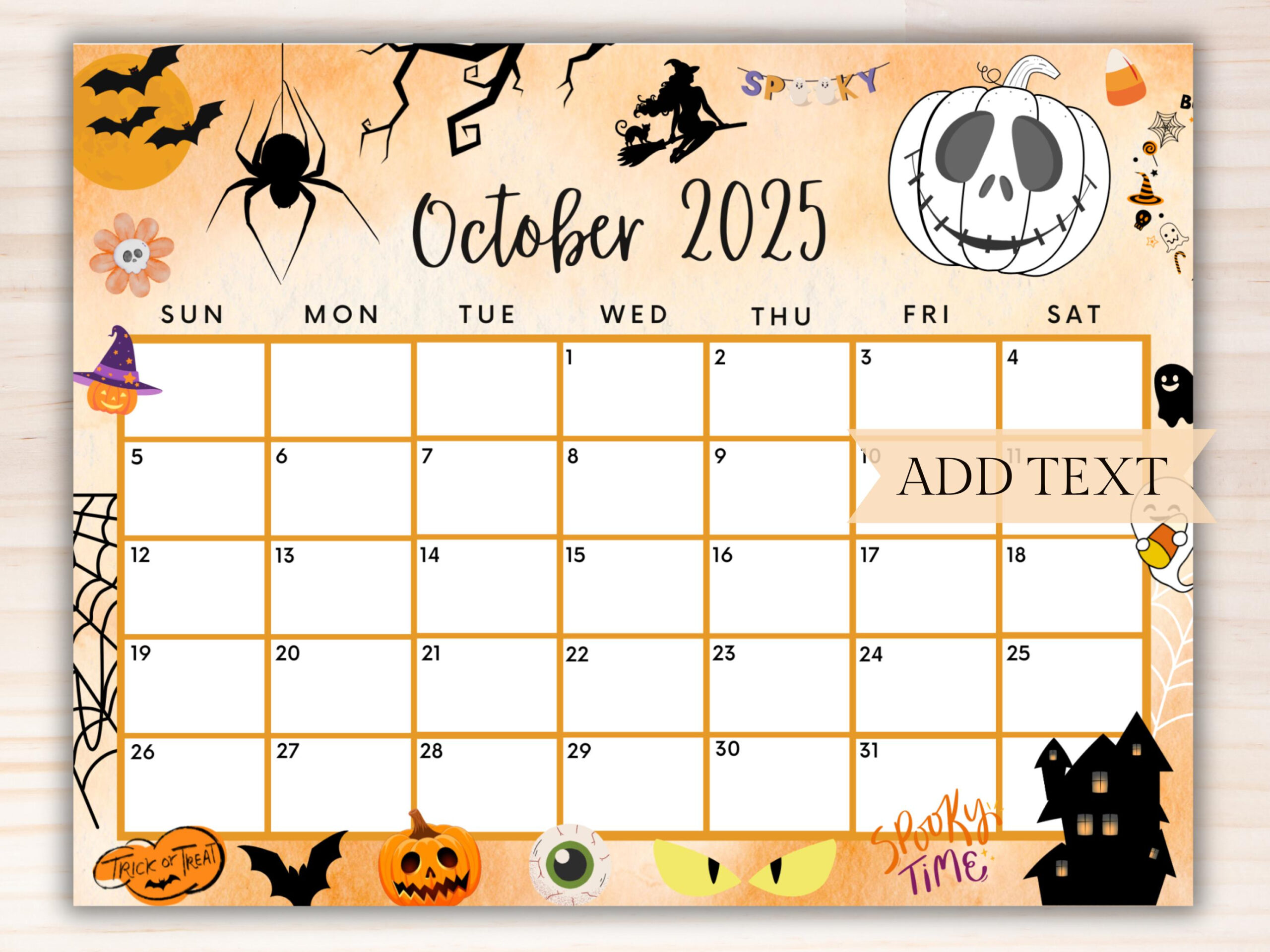Editable October 2025 Calendar, Printable Spooky Halloween for October Halloween Calendar 2025 Printable