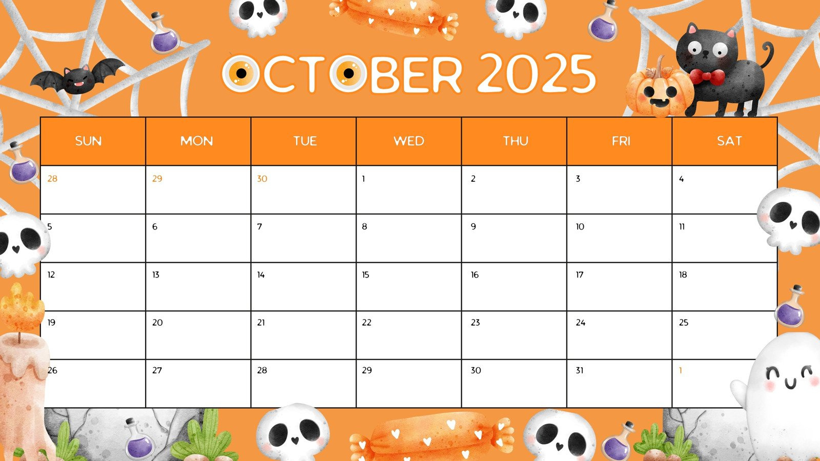Free And Customizable October Templates for Halloween October 2025 Calendar Background