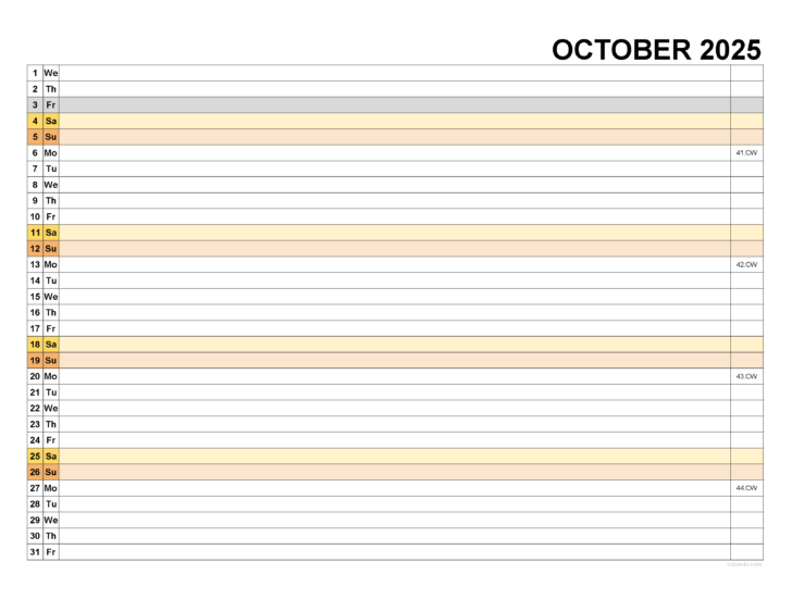 October Calendar 2025 with Lines