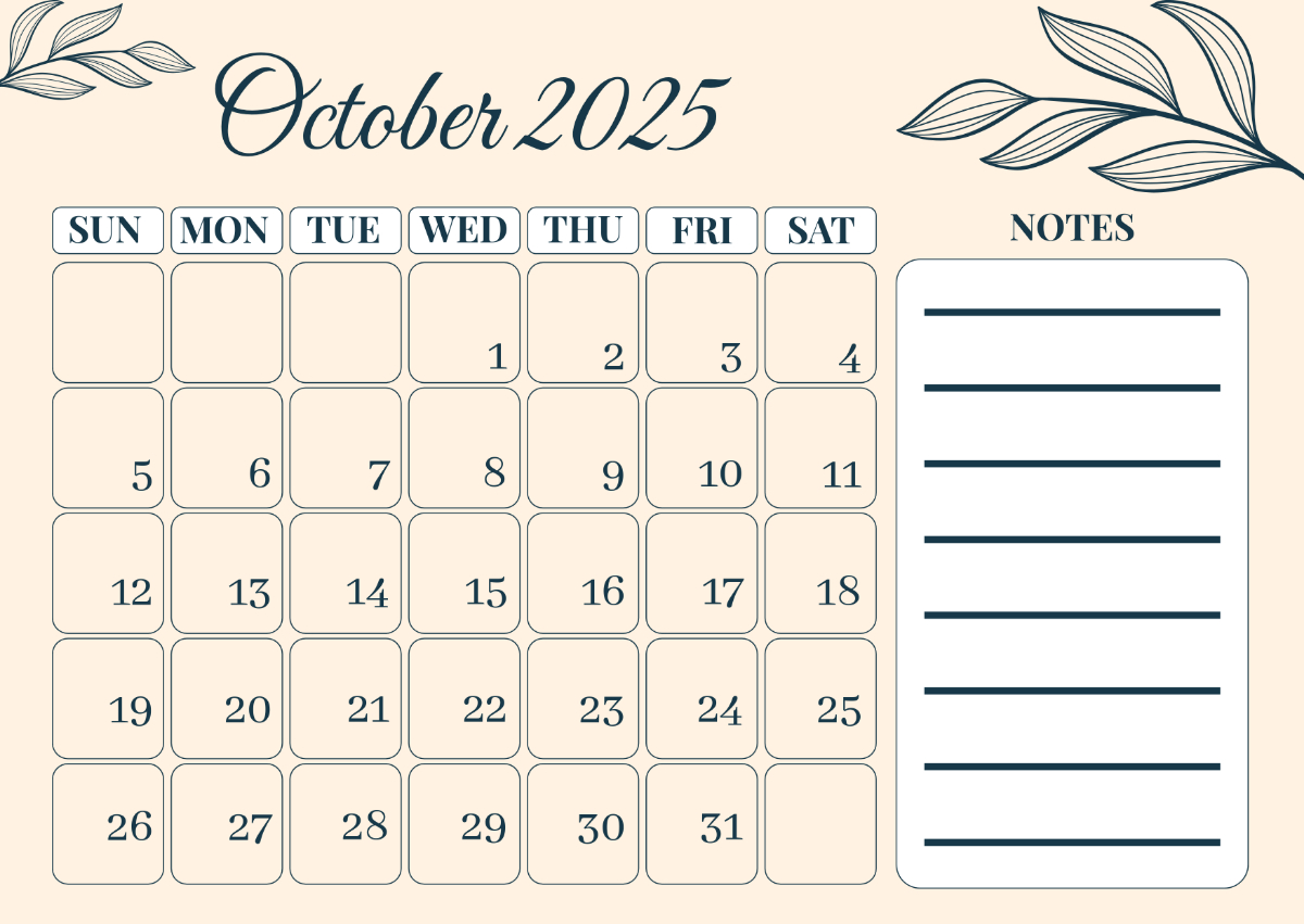 Free October 2025 Calendar With Notes Template To Edit Online in October 2025 Calendar With Notes