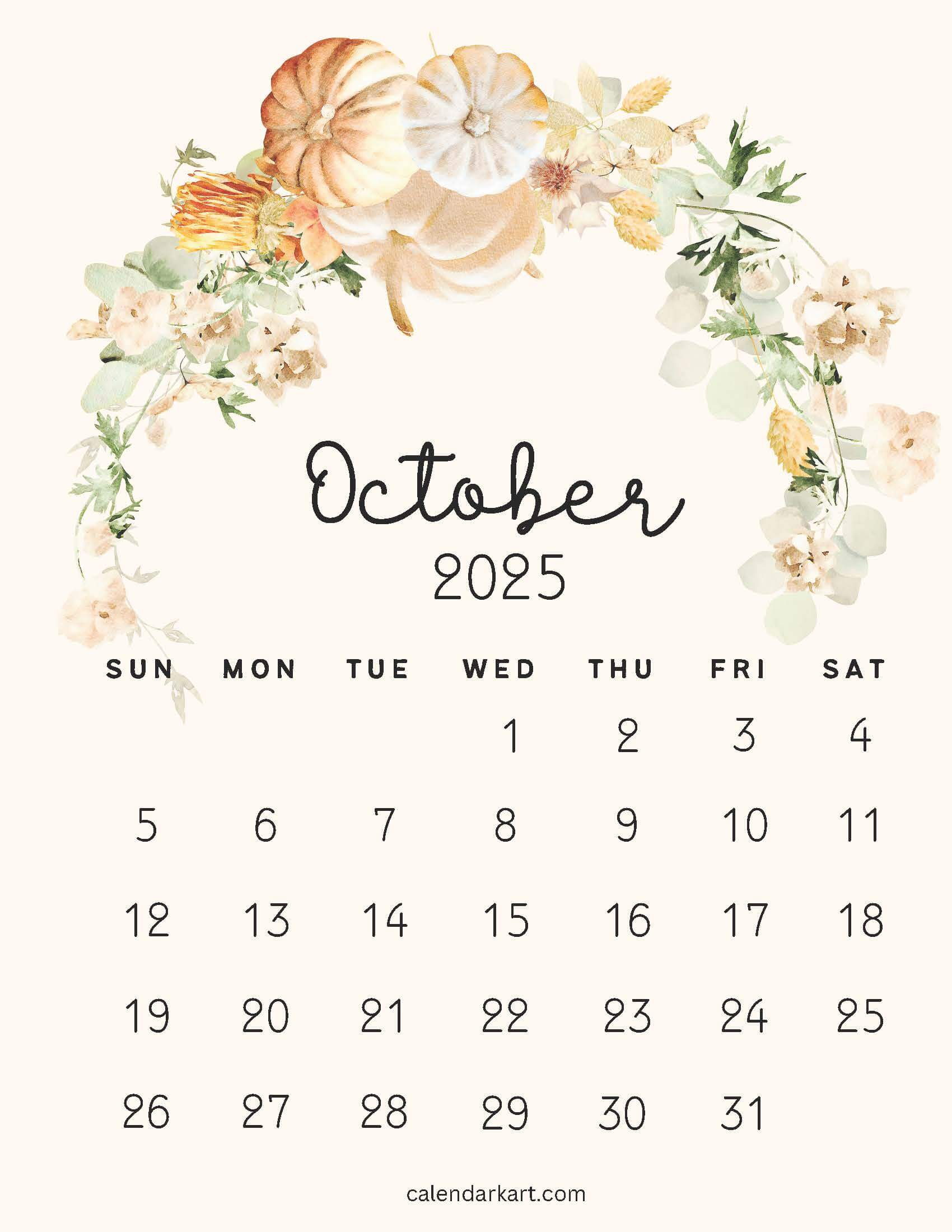 Free Printable October 2025 Calendars | Calendarkart regarding October 2025 Calendar Cute