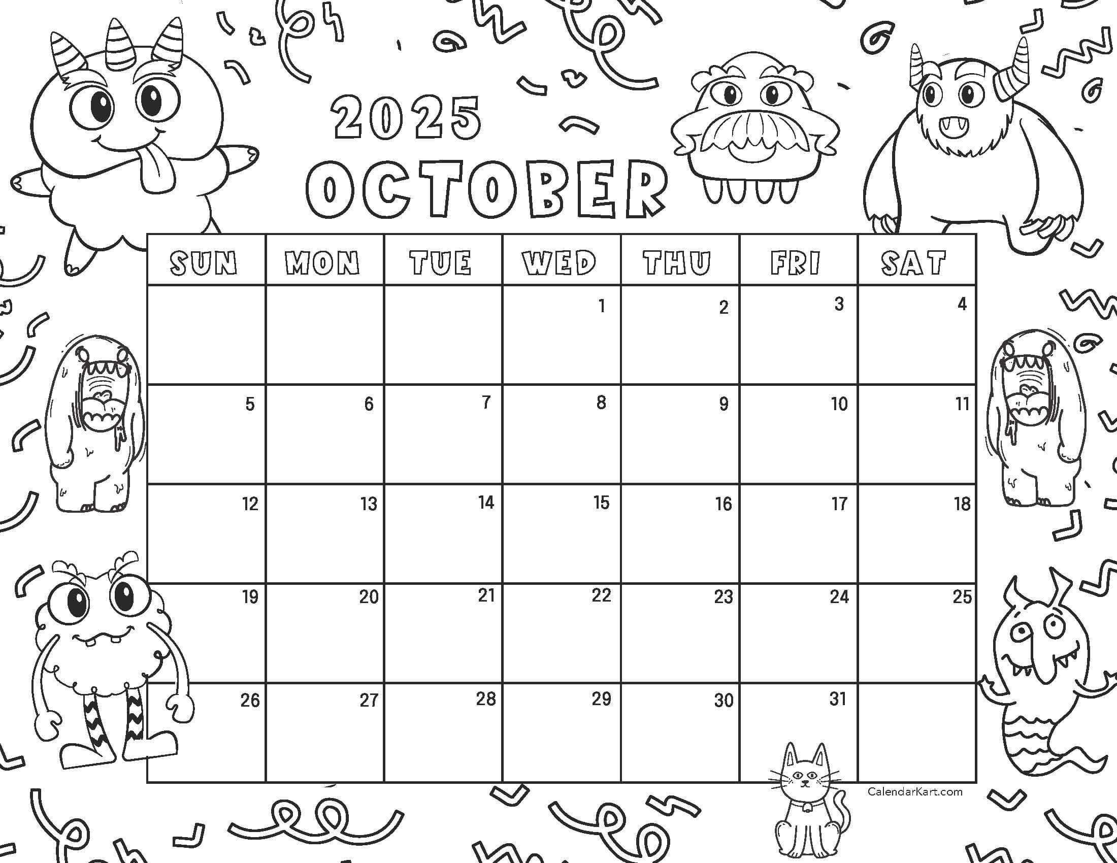 Free Printable October 2025 Calendars | Calendarkart with regard to October 2025 Calendar Coloring Page