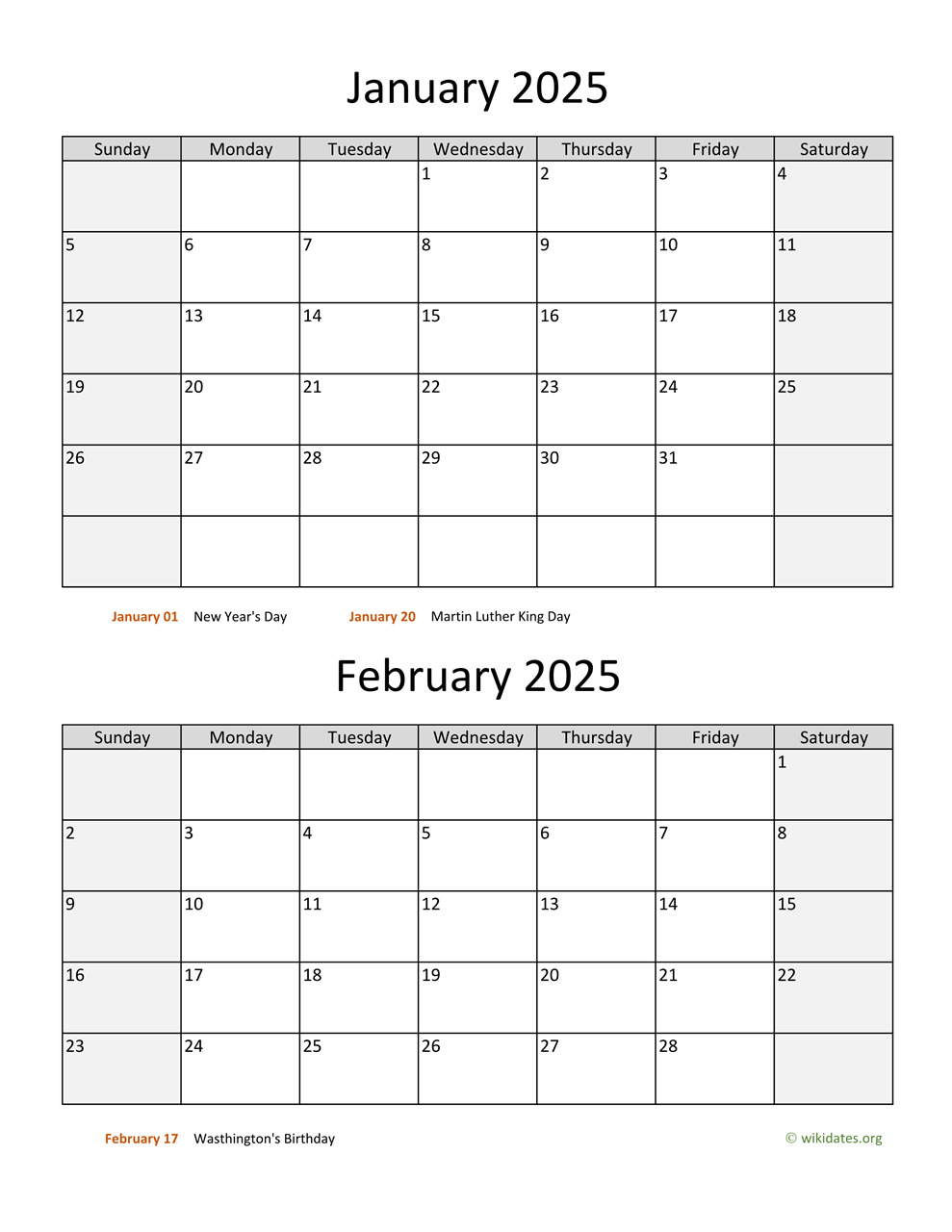 January And February 2025 Calendar | Wikidates intended for October to January 2025 Calendar