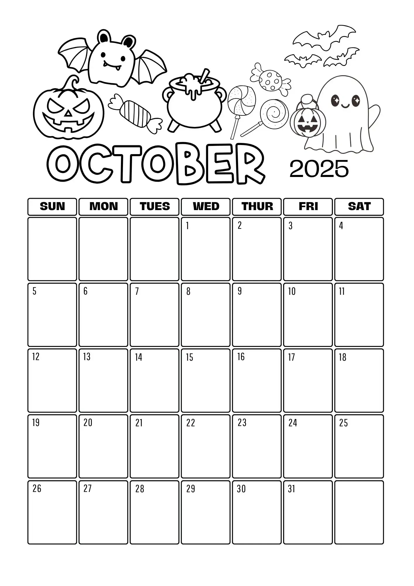 Monthly Colouring Calendar 2025 Printable - The Mummy Bubble in October Calendar 2025 Coloring Page