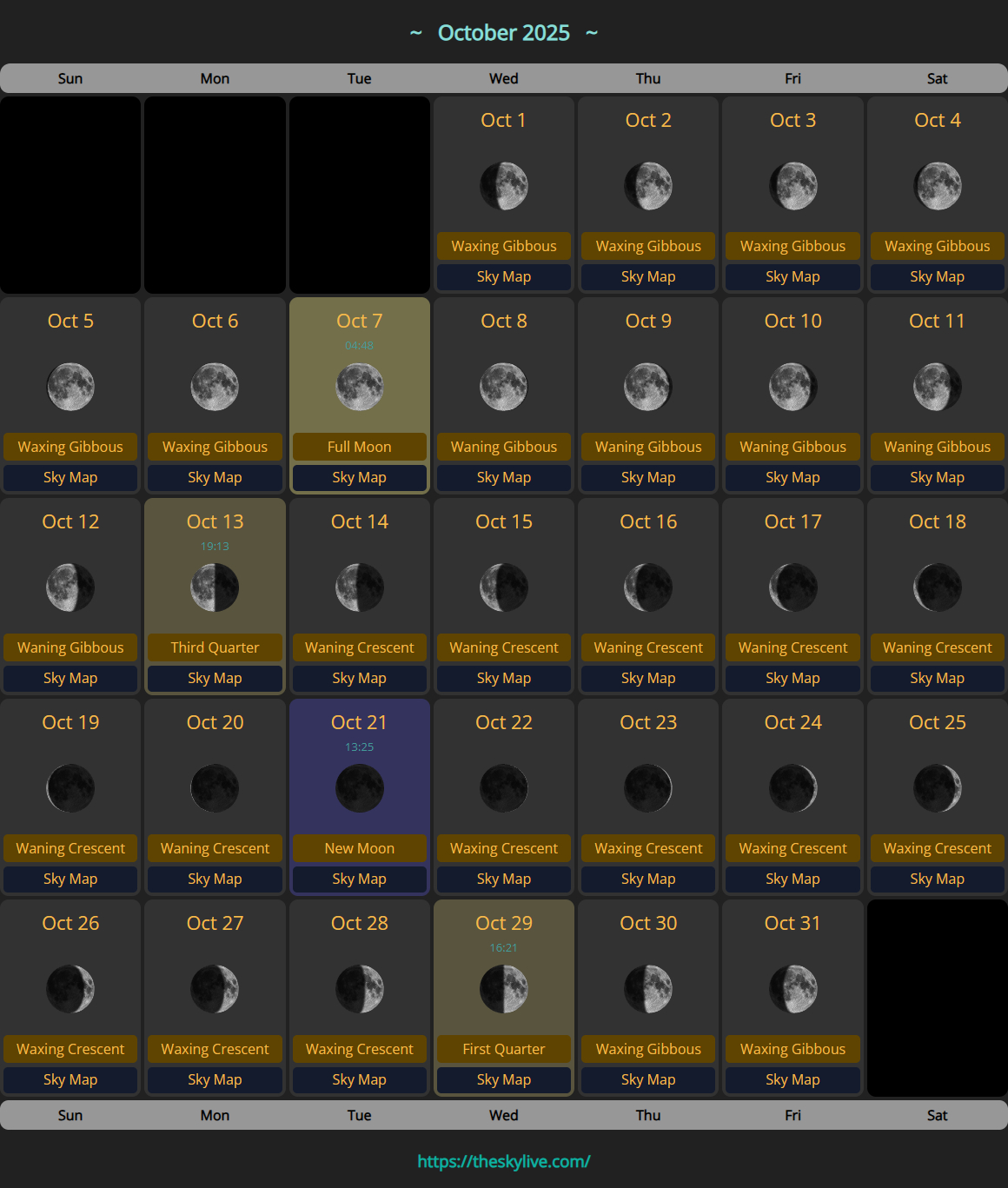 Moon Calendar: October 2025 | Theskylive with regard to Lunar Calendar October 2025