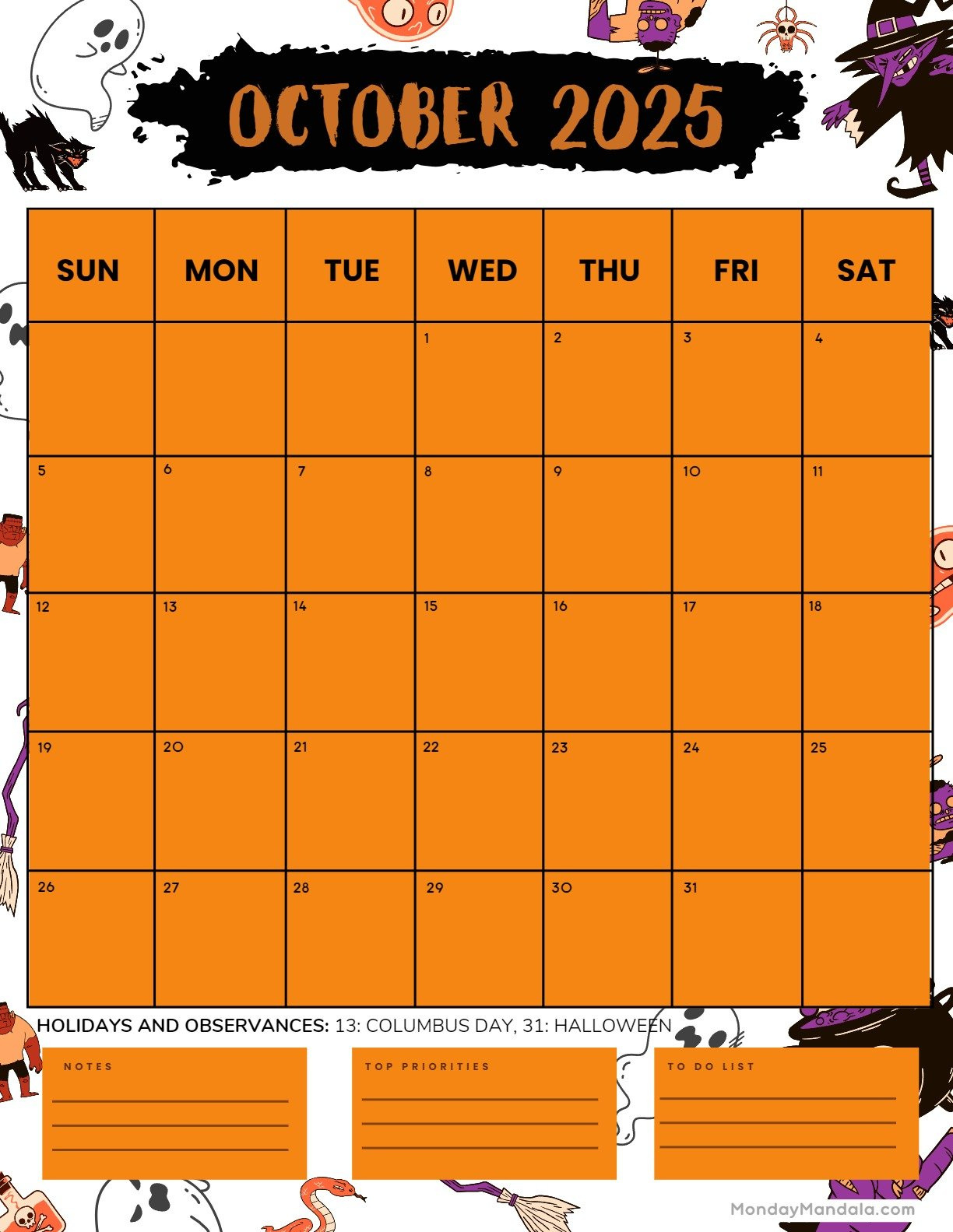 October 2025 Calendar (52 Free Pdf Printables) in Halloween October 2025 Calendar Printable