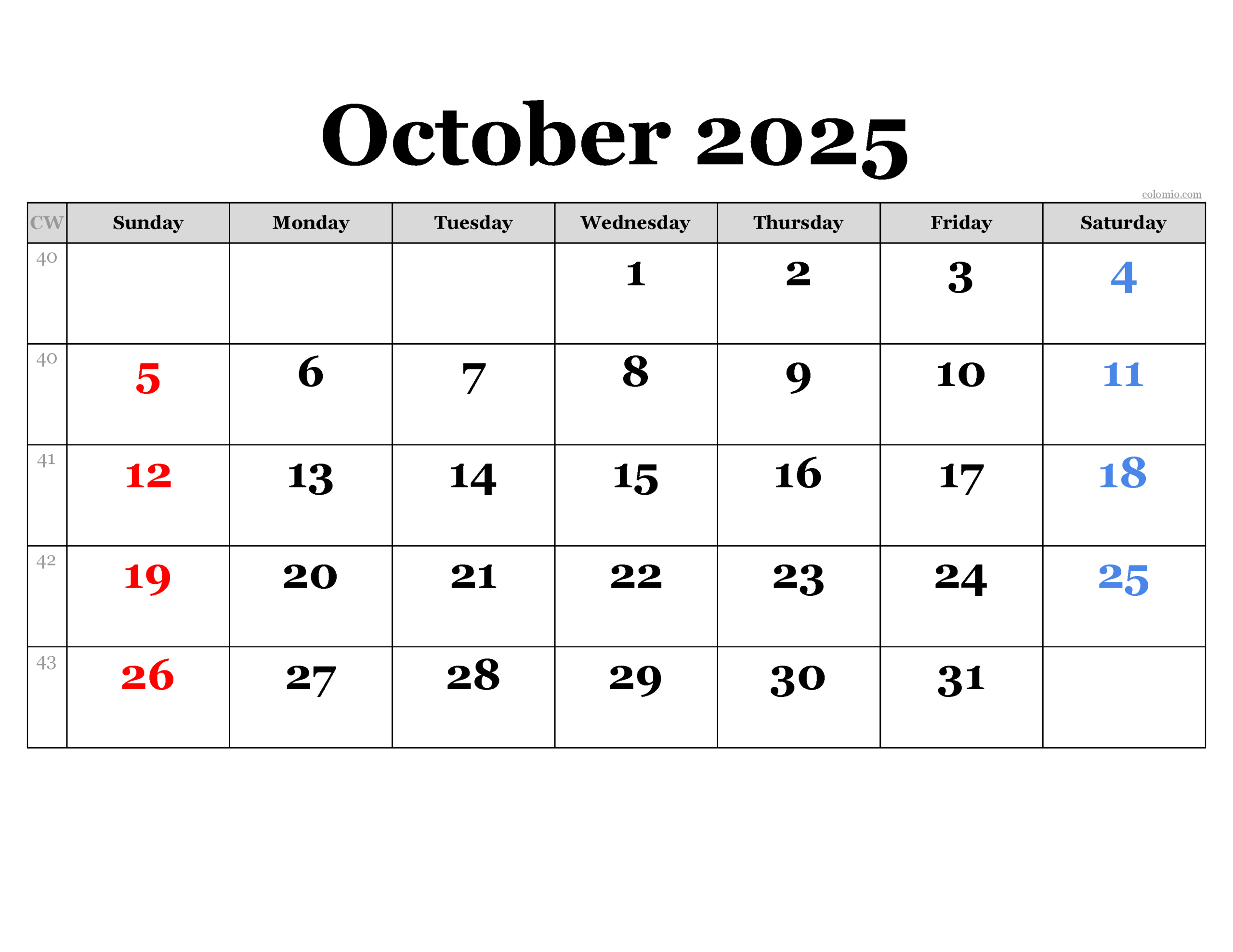 October 2025 Calendar | Free Printable Pdf, Xls And Png throughout October Calendar 2025 Numbers Printable