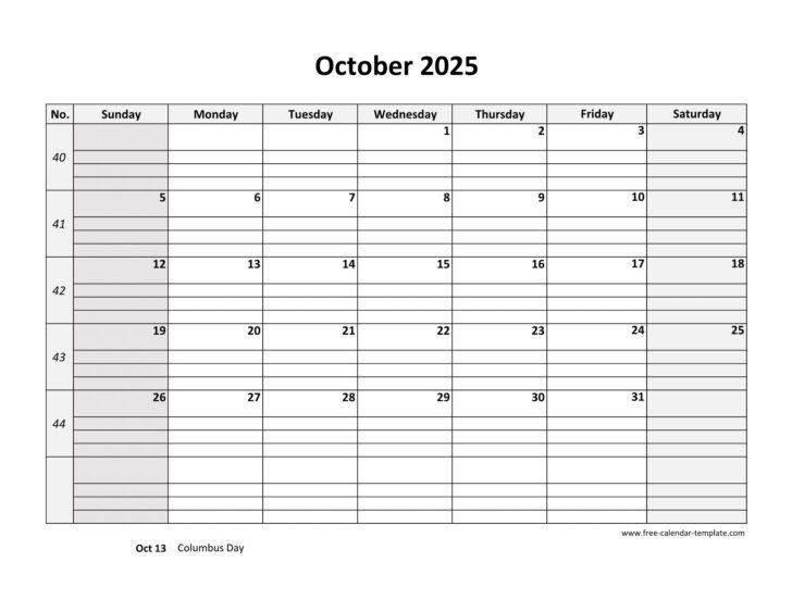 October Printable Calendar with Lines 2025