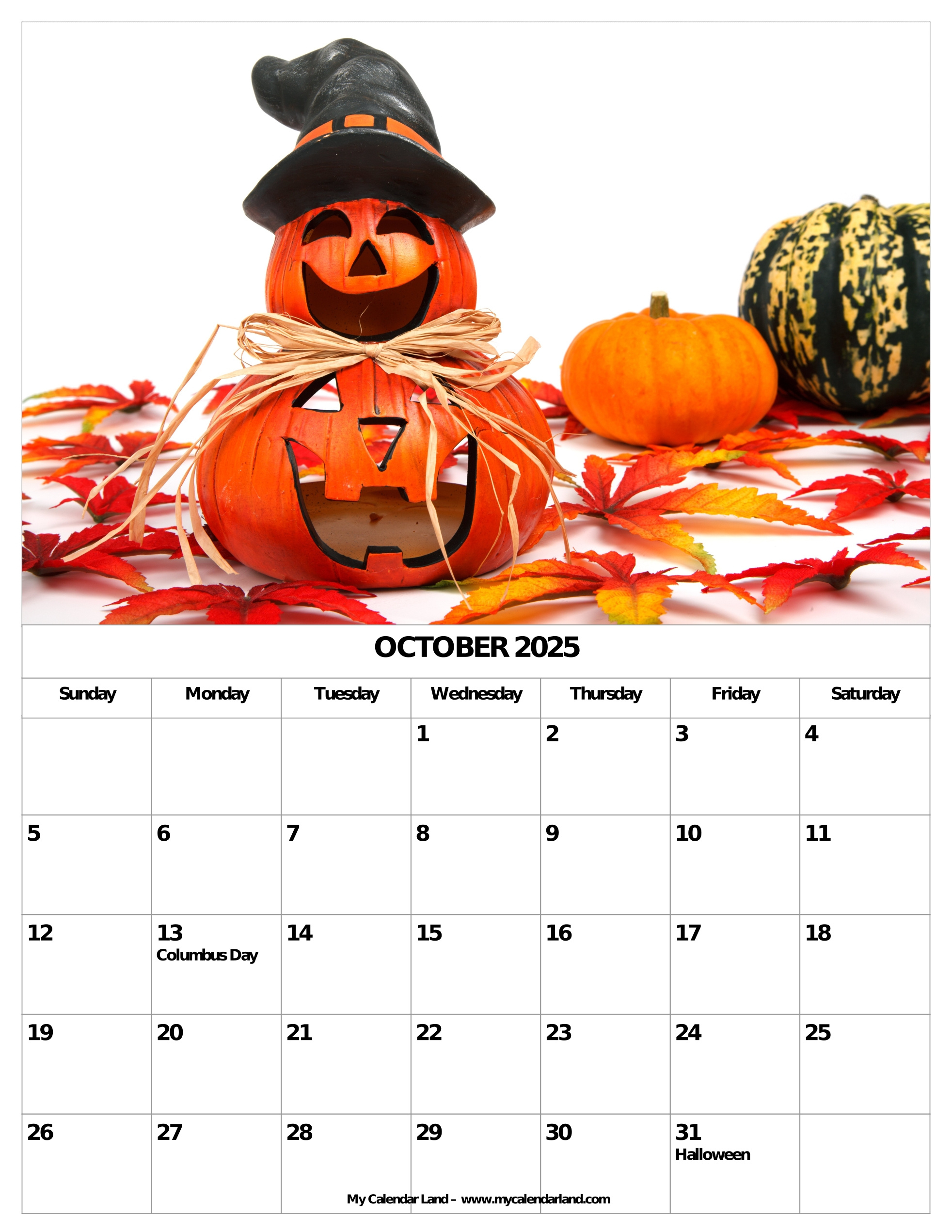 October 2025 Calendar – My Calendar Land within Free Printable October 2025 Halloween Calendar
