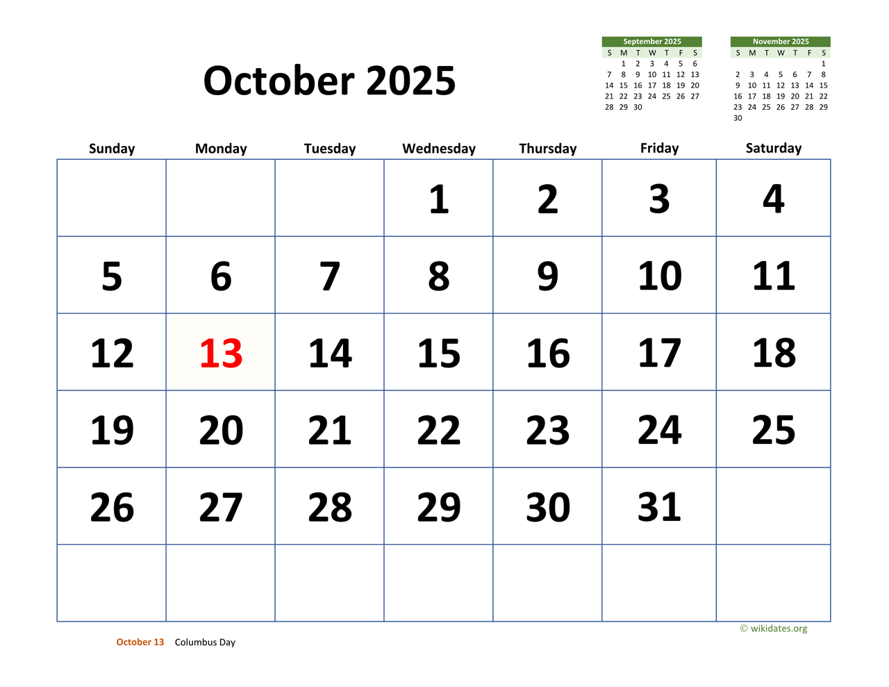 October 2025 Calendar With Extra-Large Dates | Wikidates with October Wiki Calendar 2025