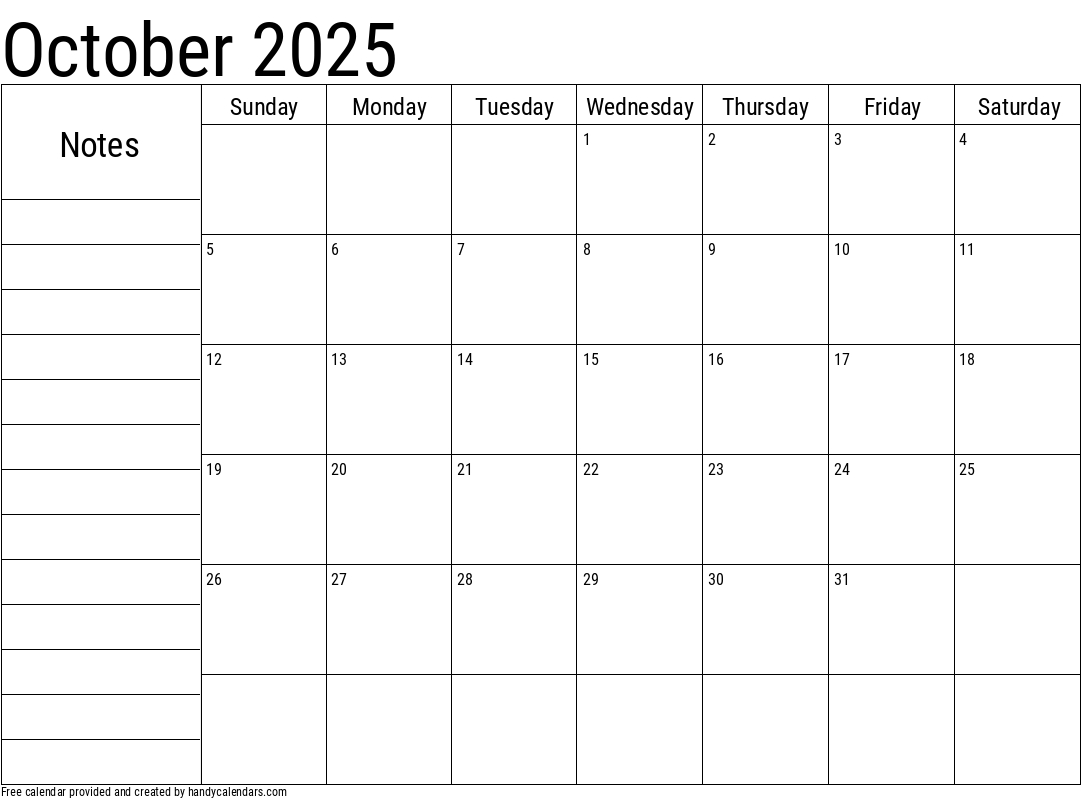 October 2025 Calendar With Notes - Handy Calendars intended for October 2025 Calendar With Notes Printable
