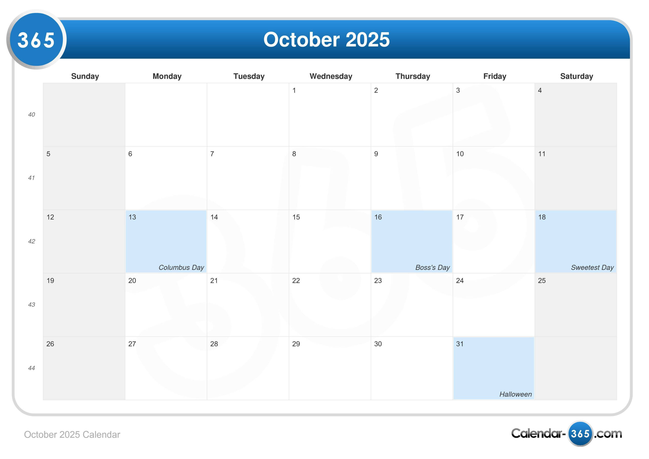 October 2025 Calendar within Las Vegas Calendar October 2025