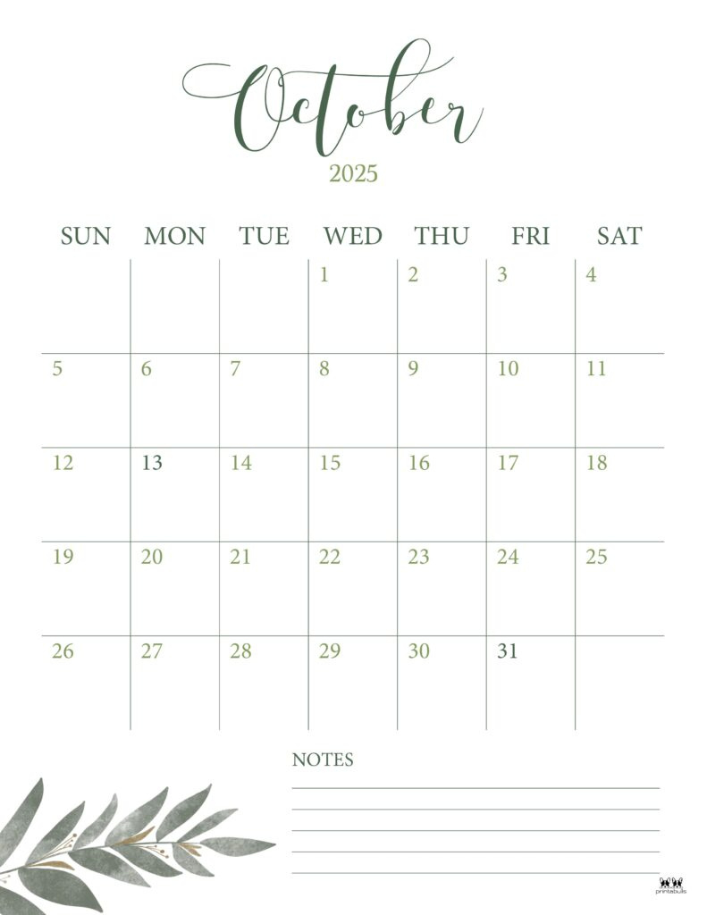October 2025 Calendars - 107 Free Printables | Printabulls for October 2025 Calendar Printabulls