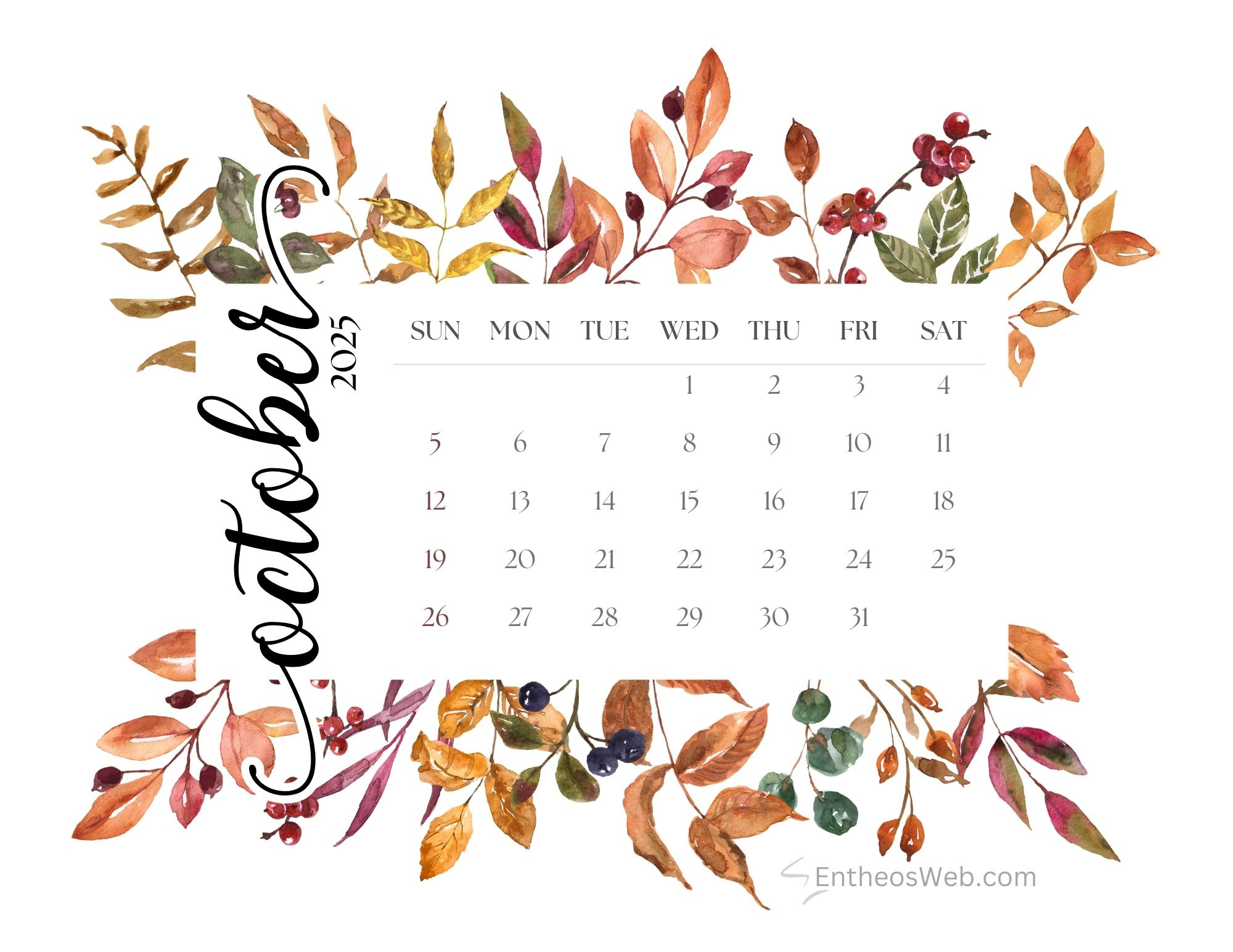 October 2025 Free Monthly Printable Calendars | Entheosweb for October 2025 Calendar Background