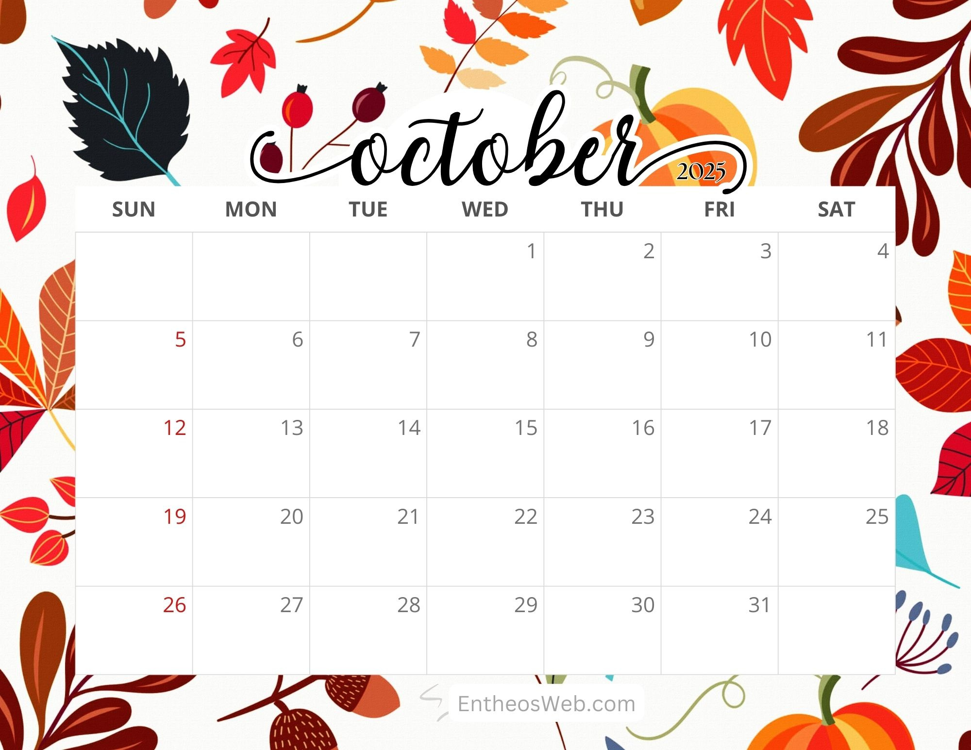 October 2025 Free Monthly Printable Calendars | Entheosweb intended for October Monthly Printable Calendar 2025