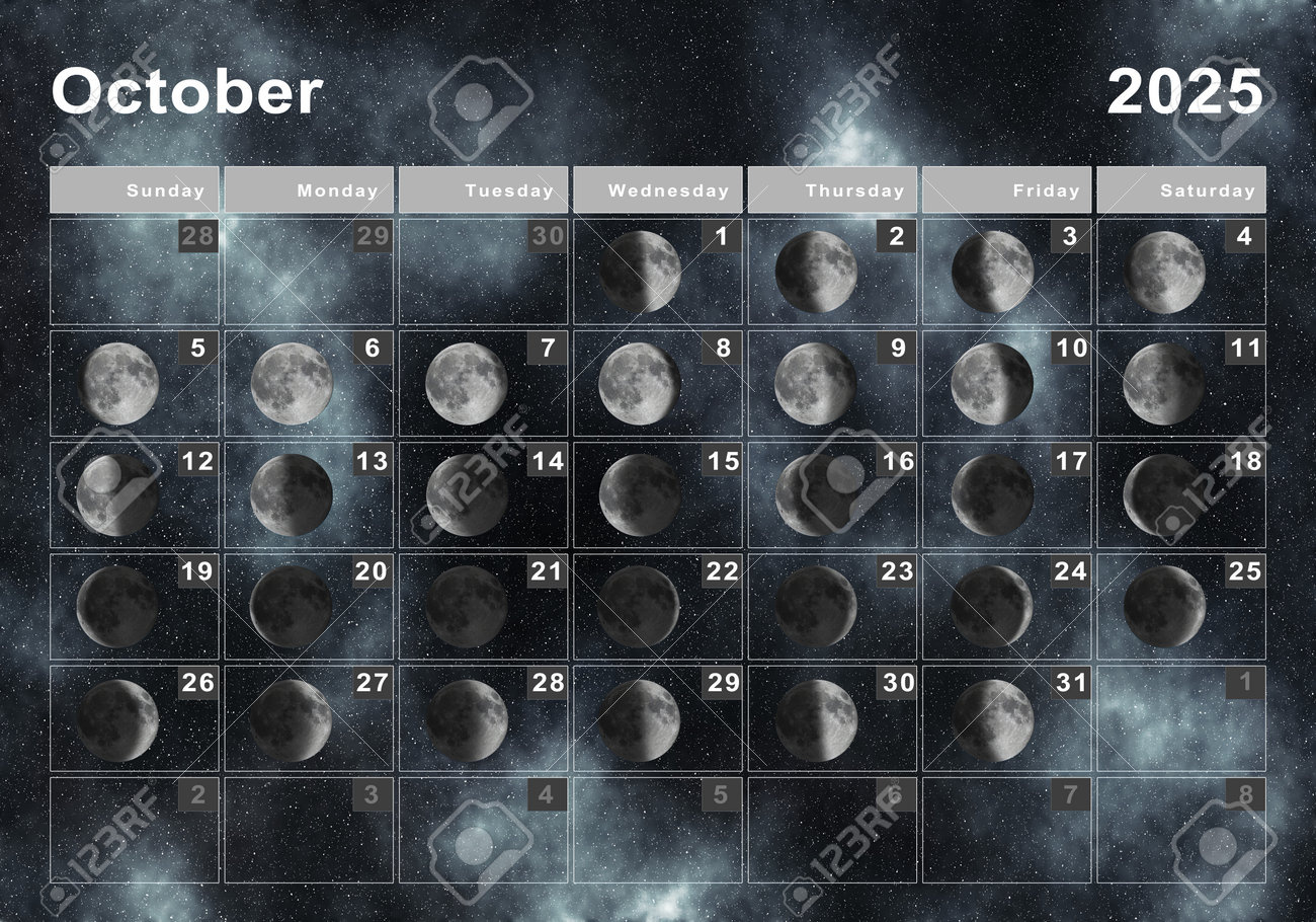 October 2025 Lunar Calendar, Moon Cycles, Moon Phases Stock Photo throughout October 2025 Moon Phases Calendar