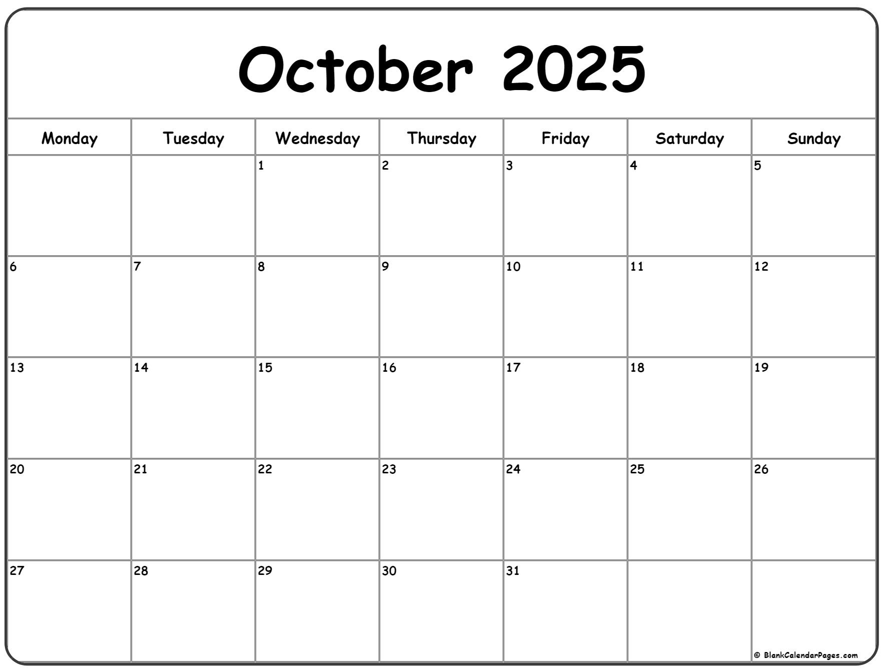 October 2025 Monday Calendar | Monday To Sunday in October 2025 Calendar Monday Start
