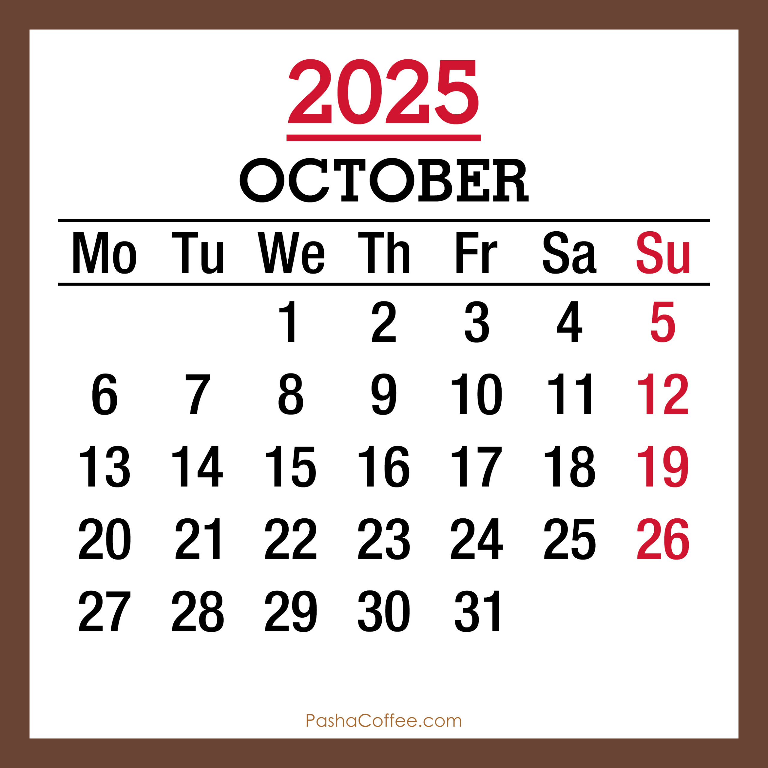 October 2025 Monthly Calendar, Printable Free, Brown, Monday Start within October 2025 Calendar Monday Start