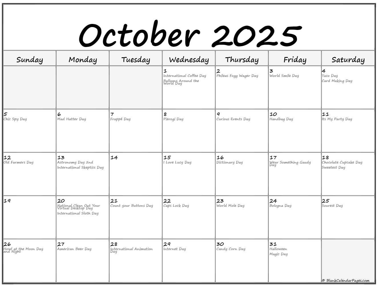 October 2025 With Holidays Calendar throughout October 2025 National Holidays