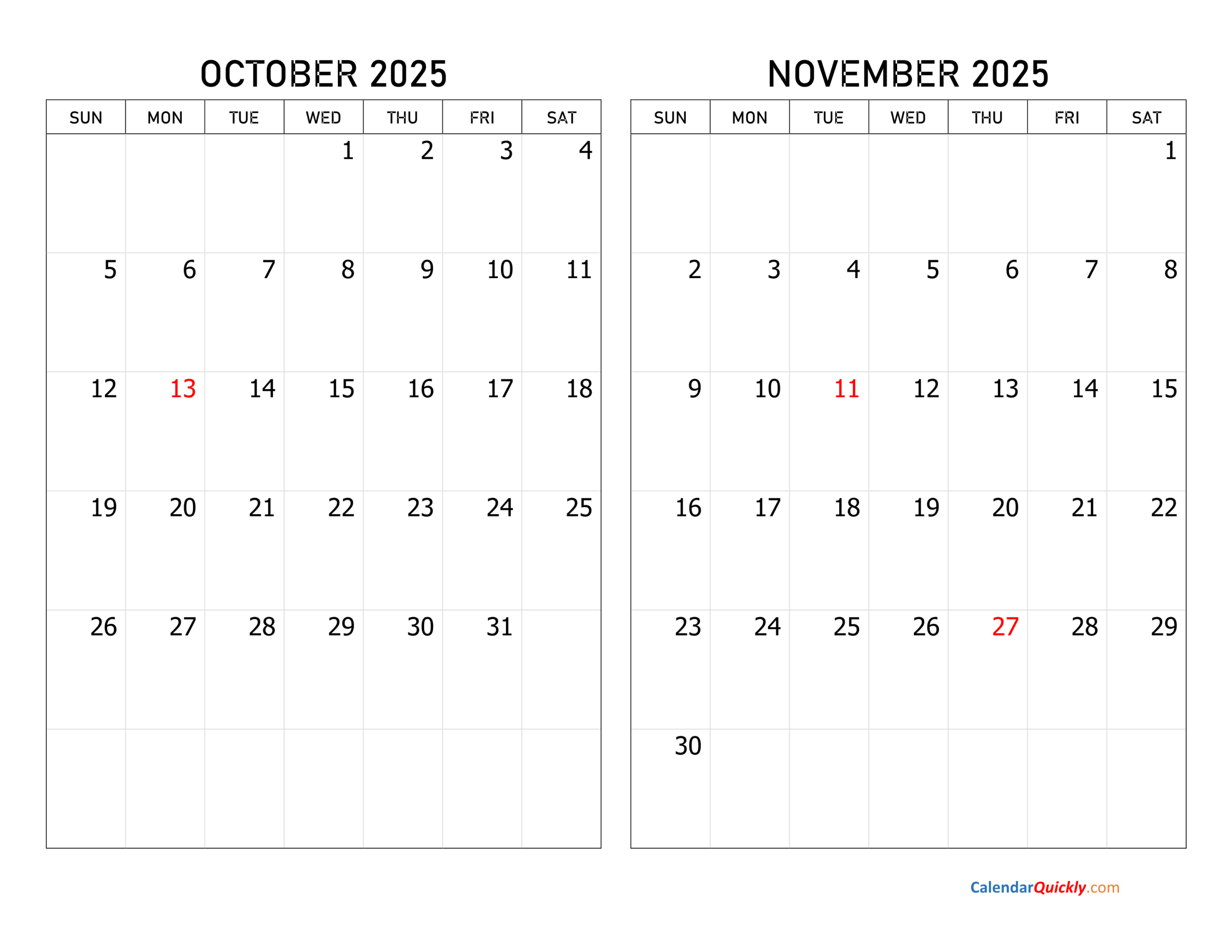 October And November 2025 Calendar | Calendar Quickly inside October November 2025 Printable Calendar