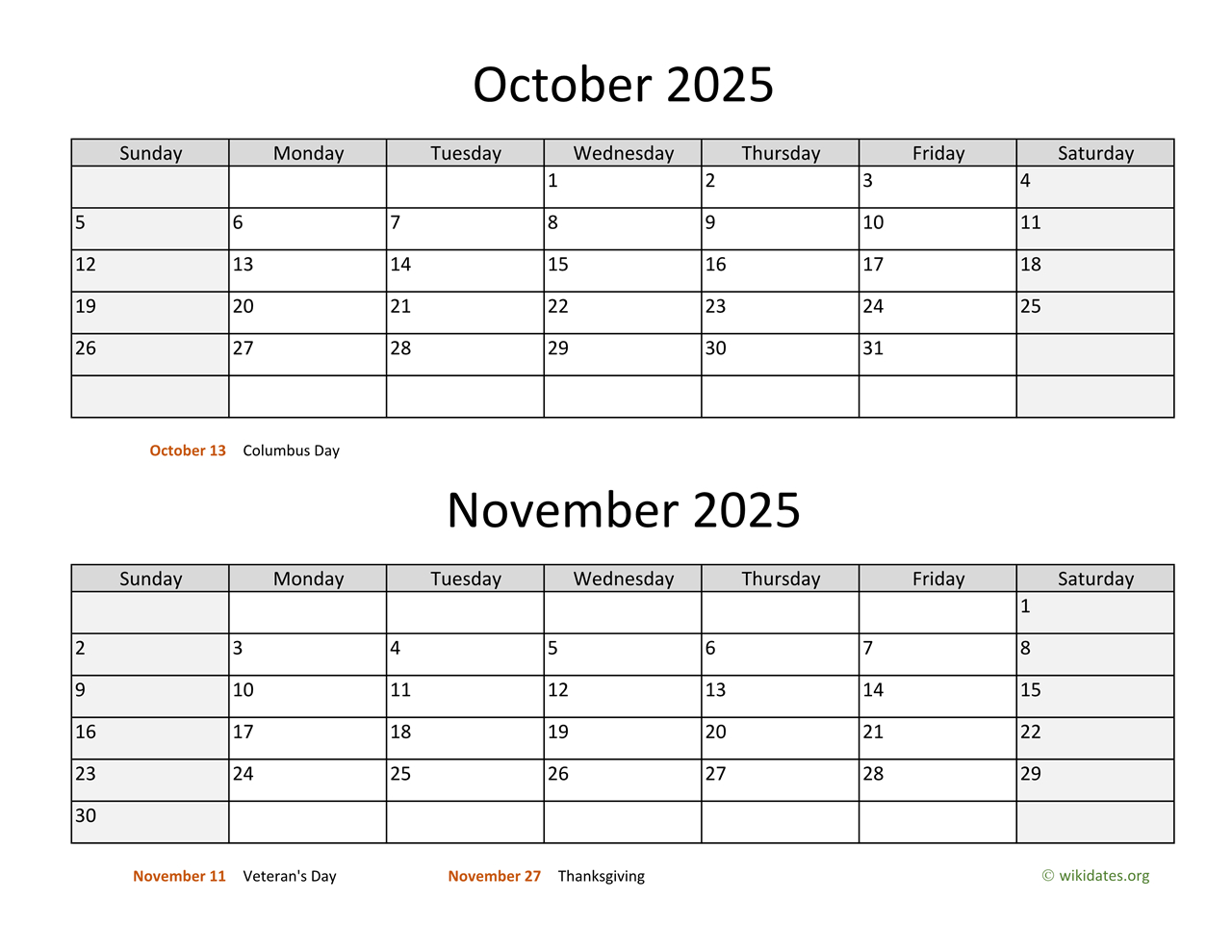 October And November 2025 Calendar | Wikidates for October Wiki Calendar 2025