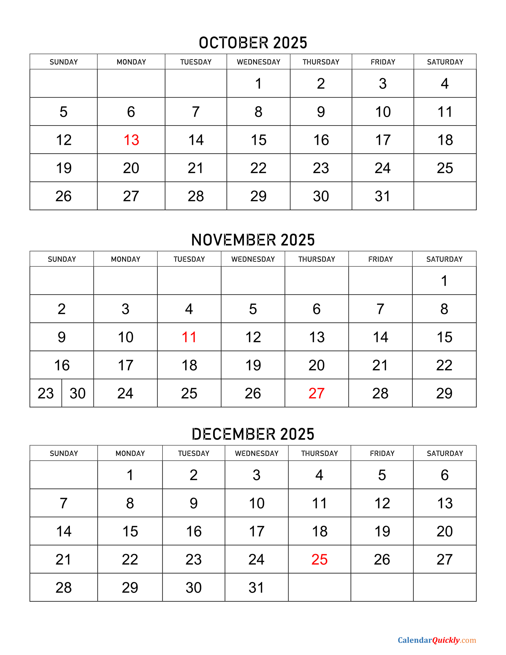 October To December 2025 Calendar | Calendar Quickly throughout October December Calendar 2025
