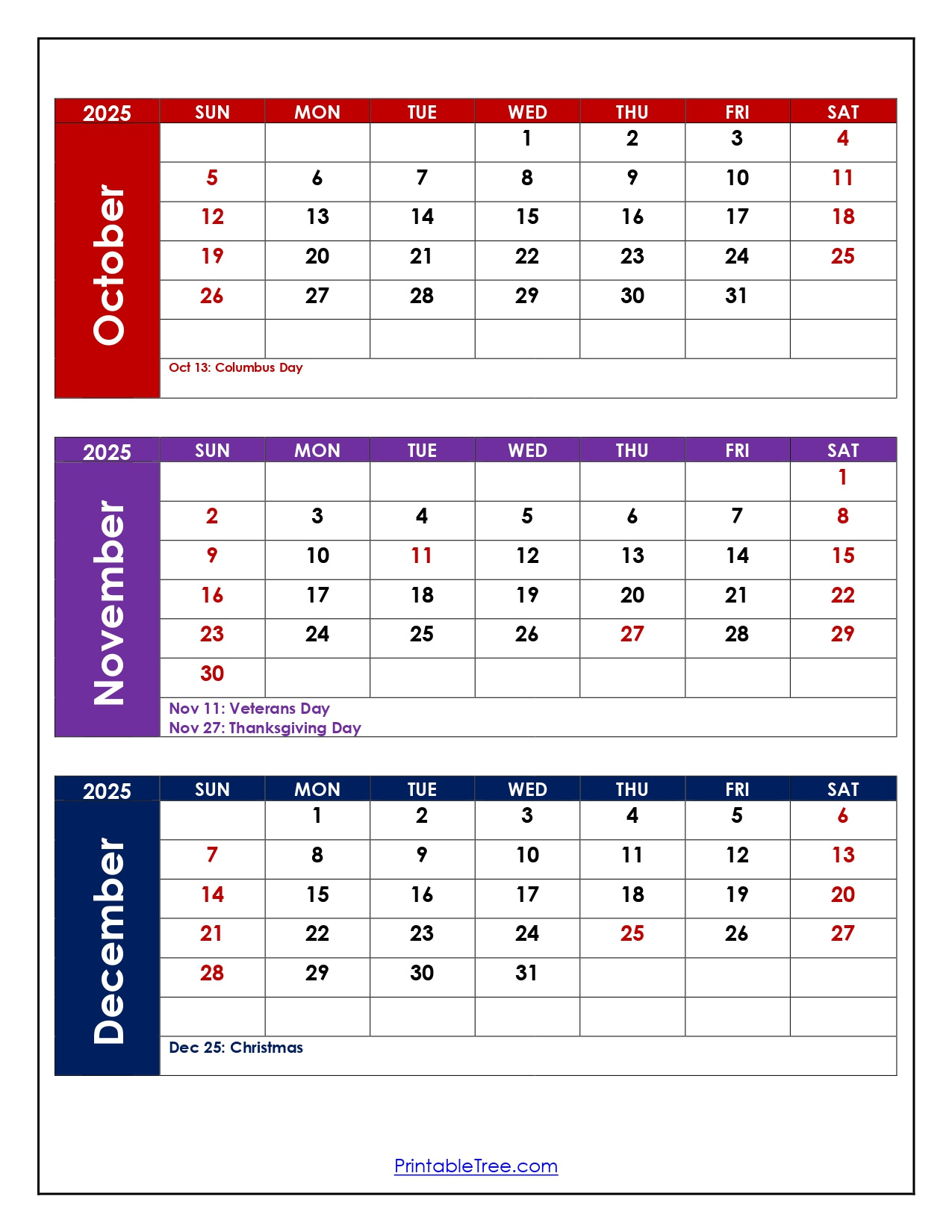 October To December 2025 Calendar Printable Pdf | Three Months in October To December 2025 Calendar