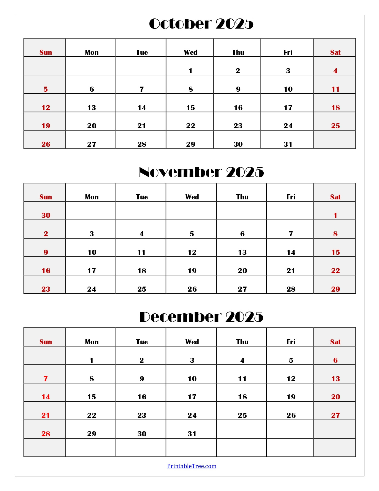 October To December 2025 Calendar Printable Pdf | Three Months inside Calendar Printable October November December 2025