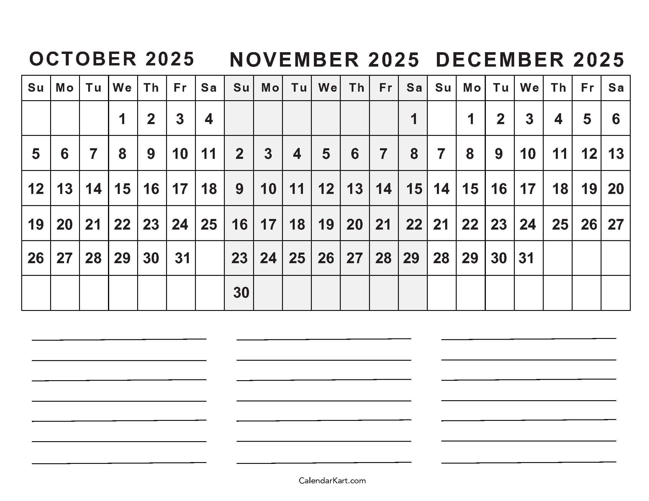 October To December 2025 Calendar (Q4) - Calendarkart inside October to November Calendar 2025