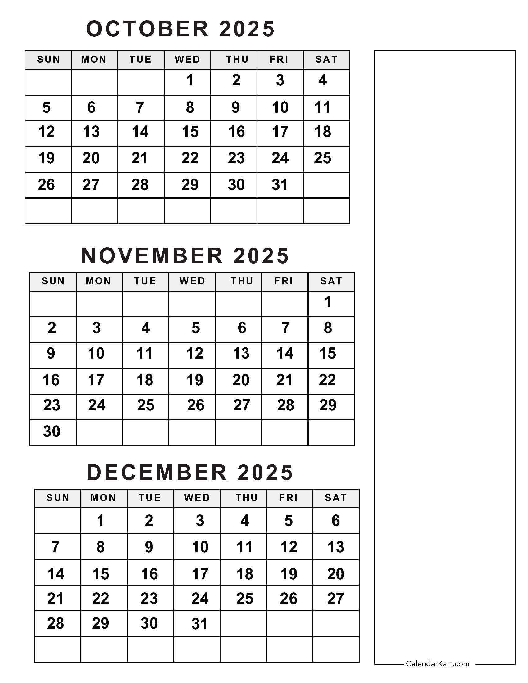 October To December 2025 Calendar (Q4) - Calendarkart inside Printable 3 Month Calendar October November December 2025