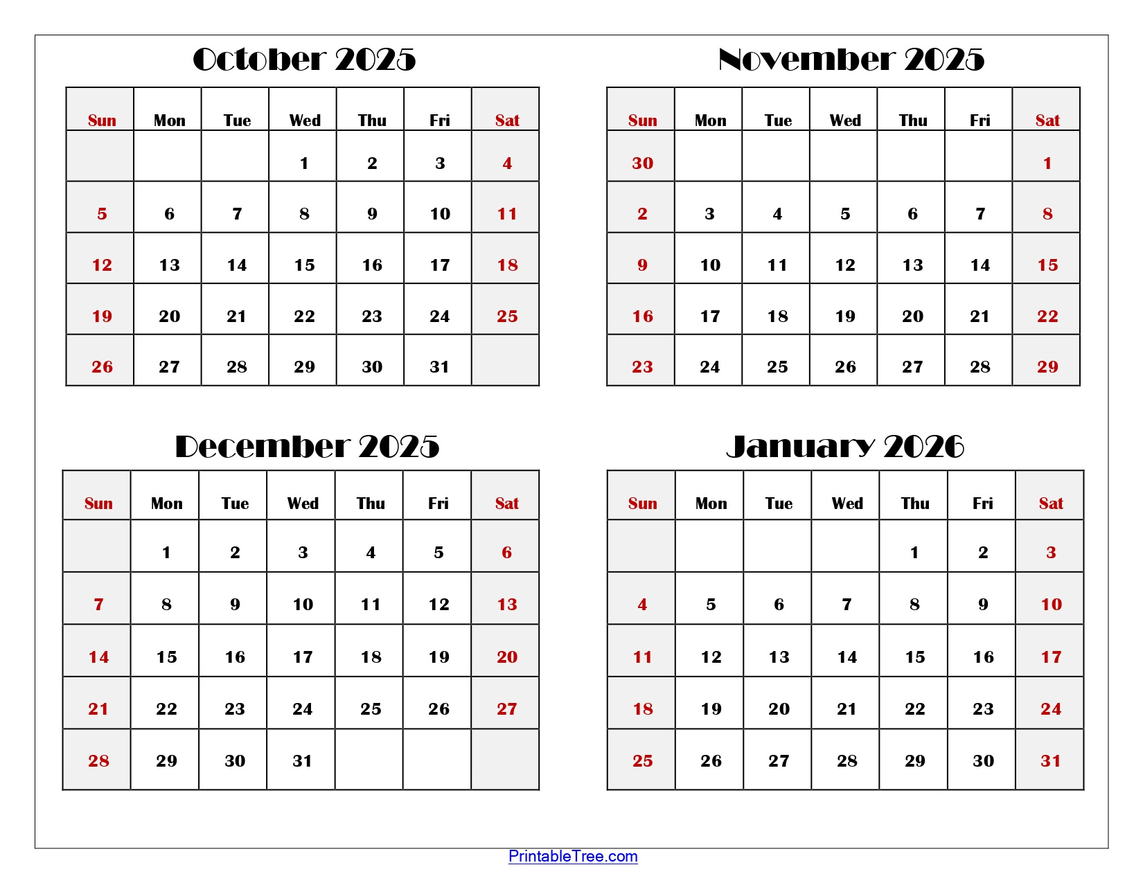 October To January 2026 Calendar Printable Pdf | Four Months Calendar with October To January 2025 Calendar