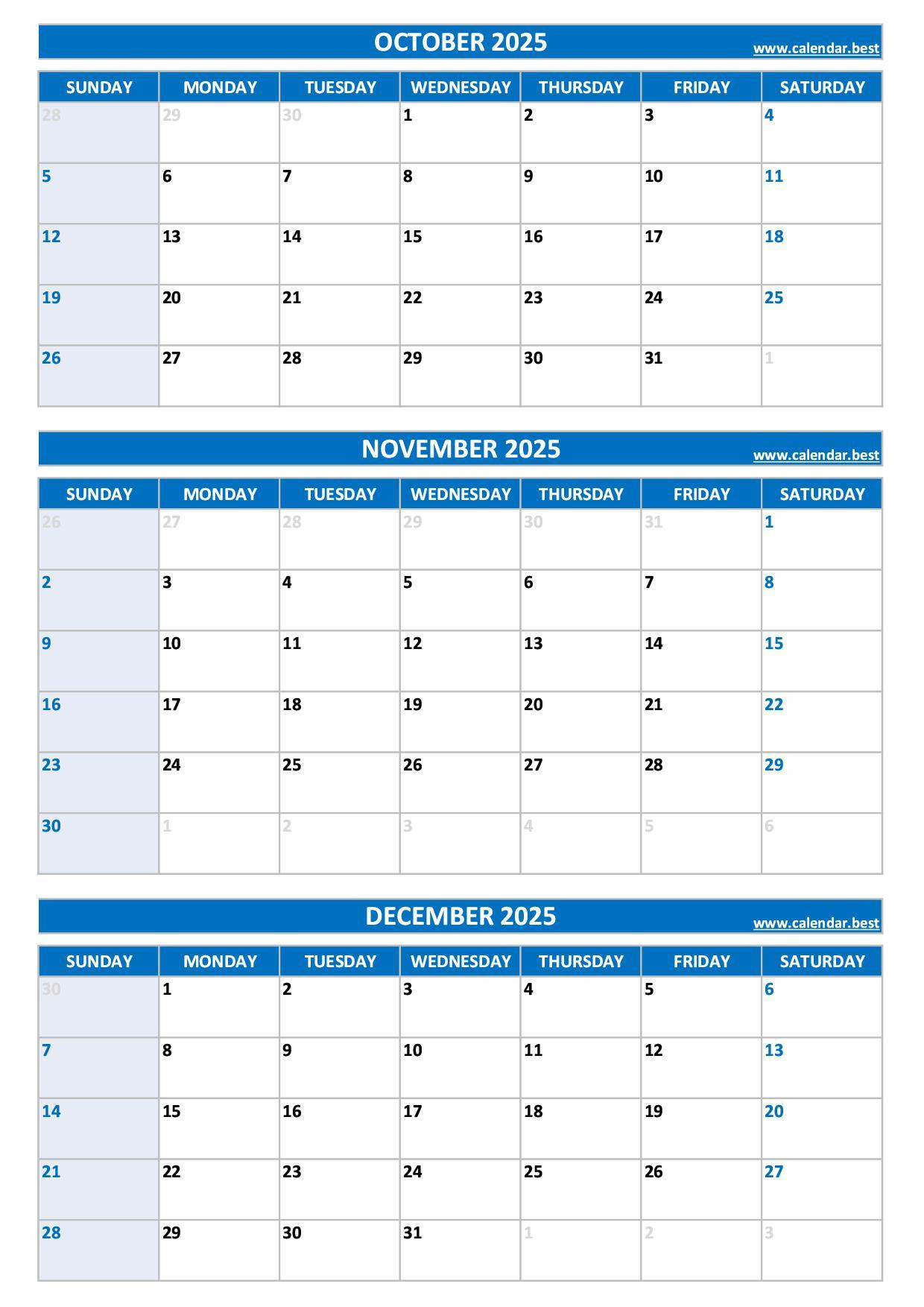 Printable 4Th Quarter 2025 Calendar pertaining to Calendar October November December 2025