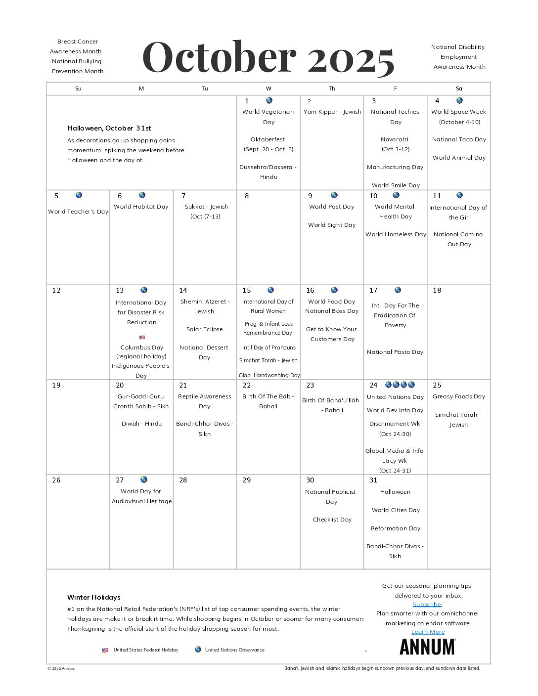 Printable October 2025 Calendar | October Holidays | Annum for October National Holiday 2025