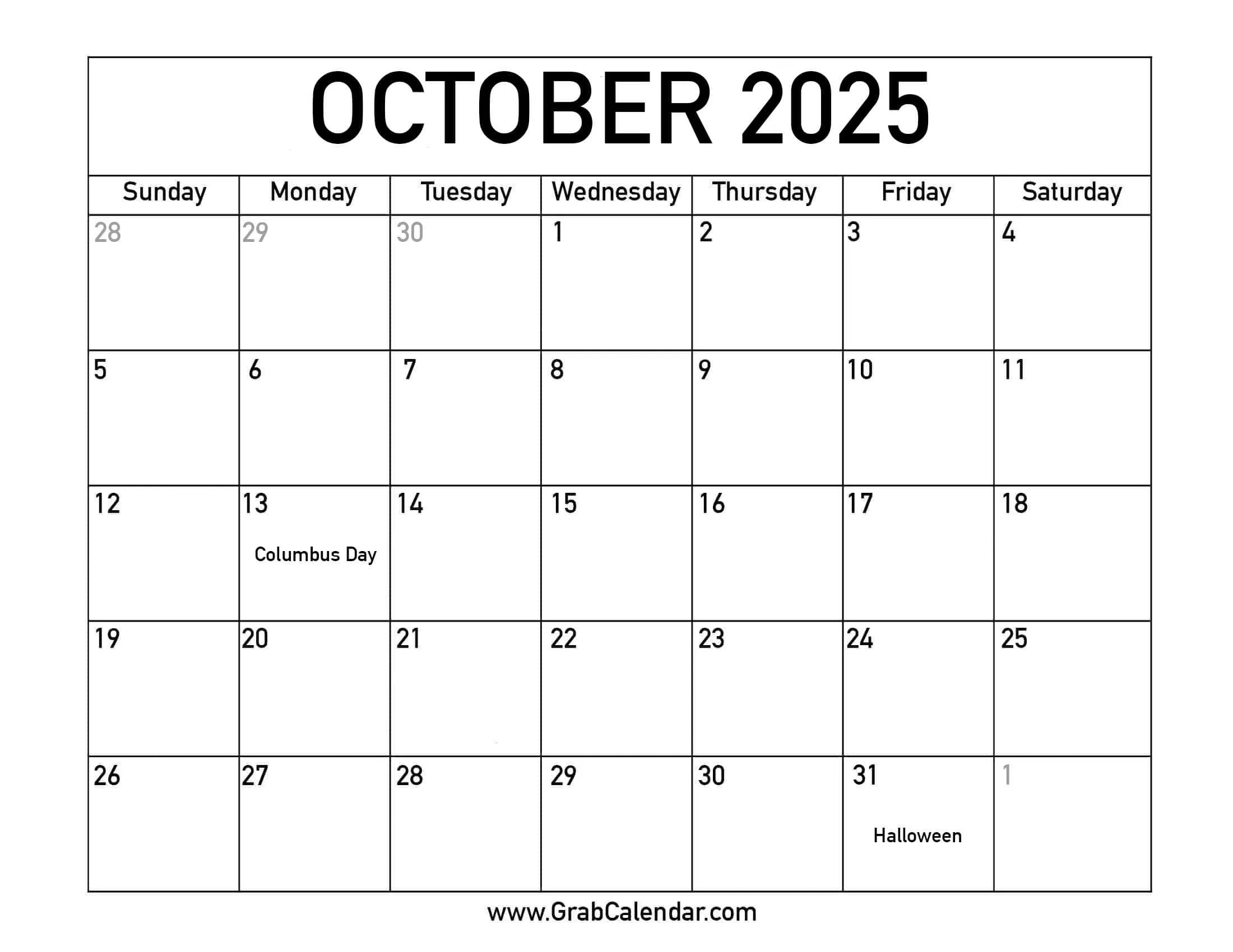 Printable October 2025 Calendar throughout October Calendar 2025 With Events