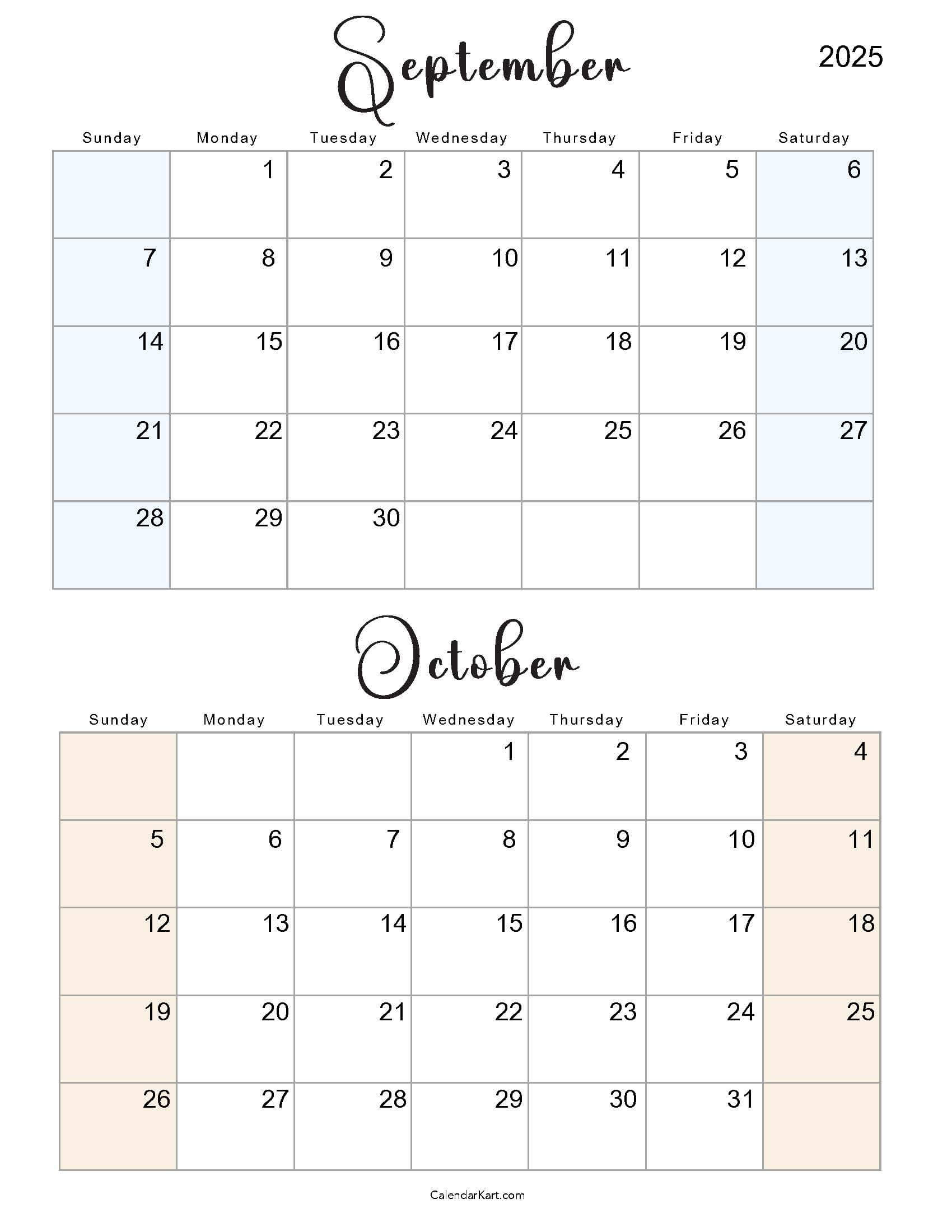 Printable September October 2025 Calendar | Calendarkart throughout Calendar September And October 2025