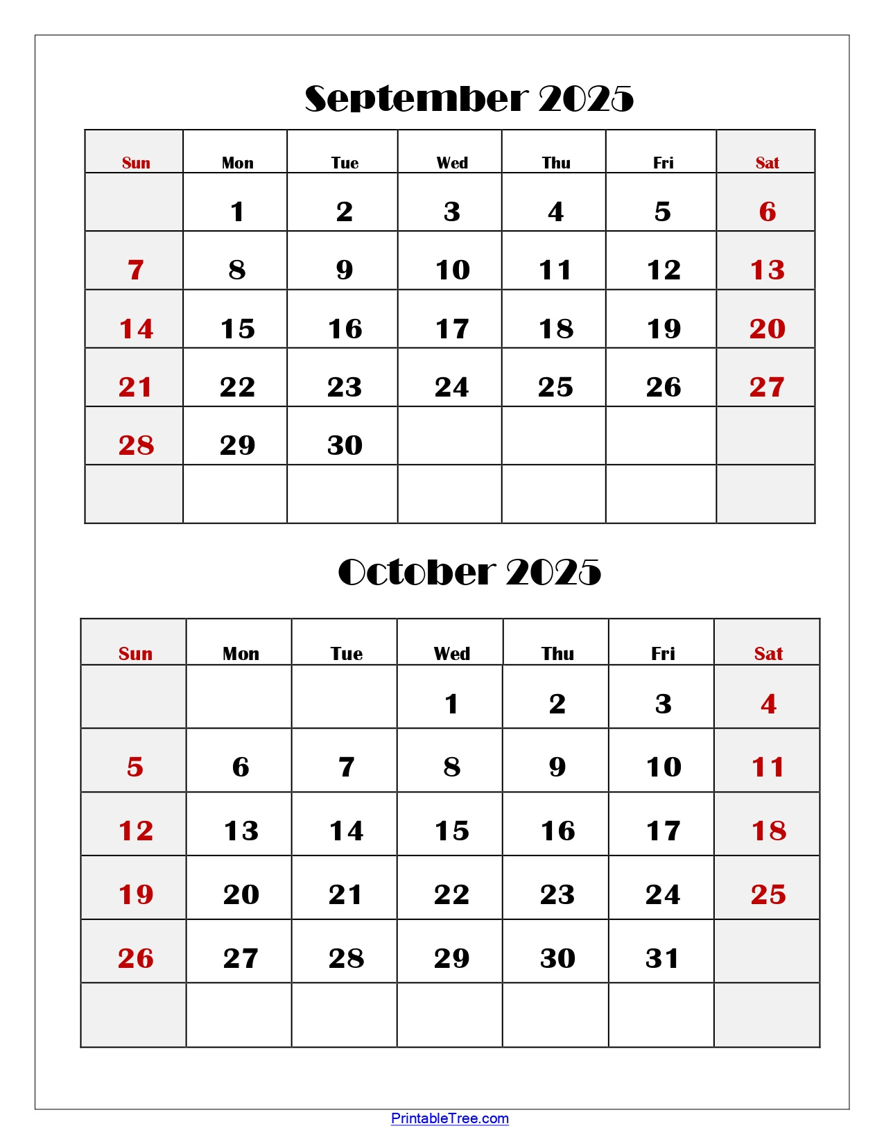 September And October 2025 Calendar Printable Pdf | Two Months in Printable Calendar October 2025 To September 2026